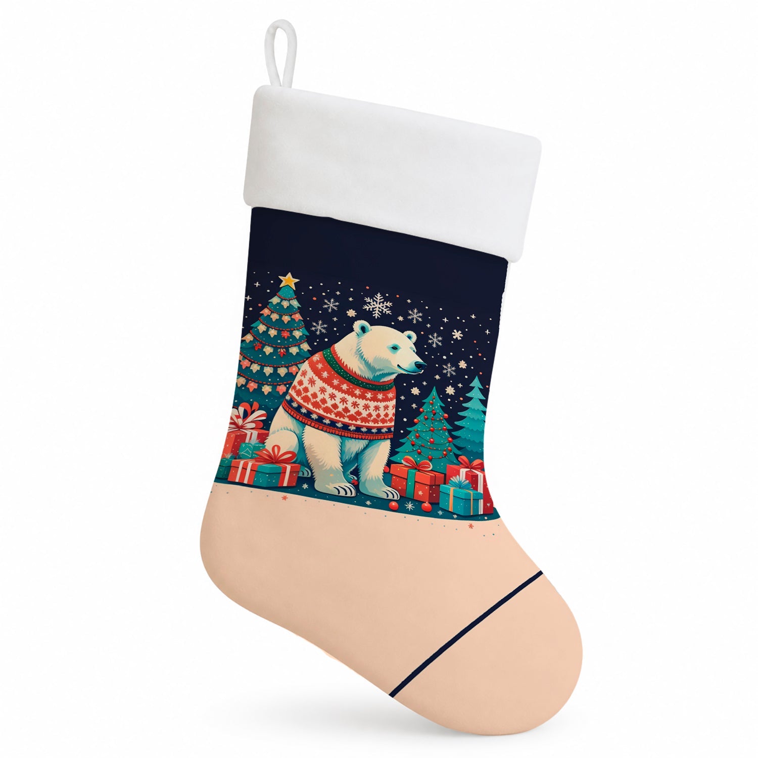 Polar Bear Christmas Holiday Stocking Double-Sided Print, Polyester Suede,11x18, Made in USA