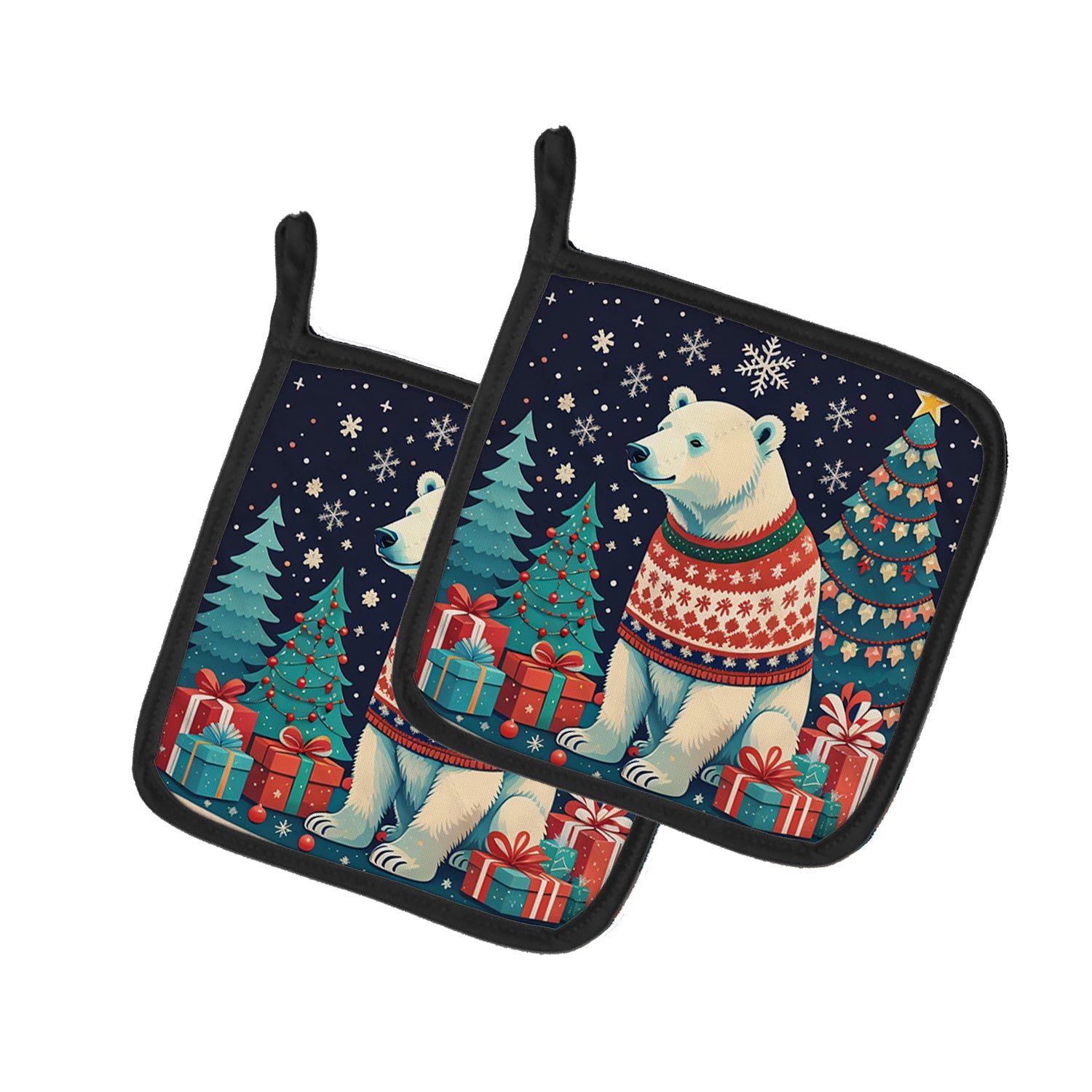 Polar Bear Christmas Pot Holder Set of 2 Heat Resistant Quilted Hot Pads 7.5 x 7.5 Inch, Insulated Kitchen Trivets for Cooking & Baking