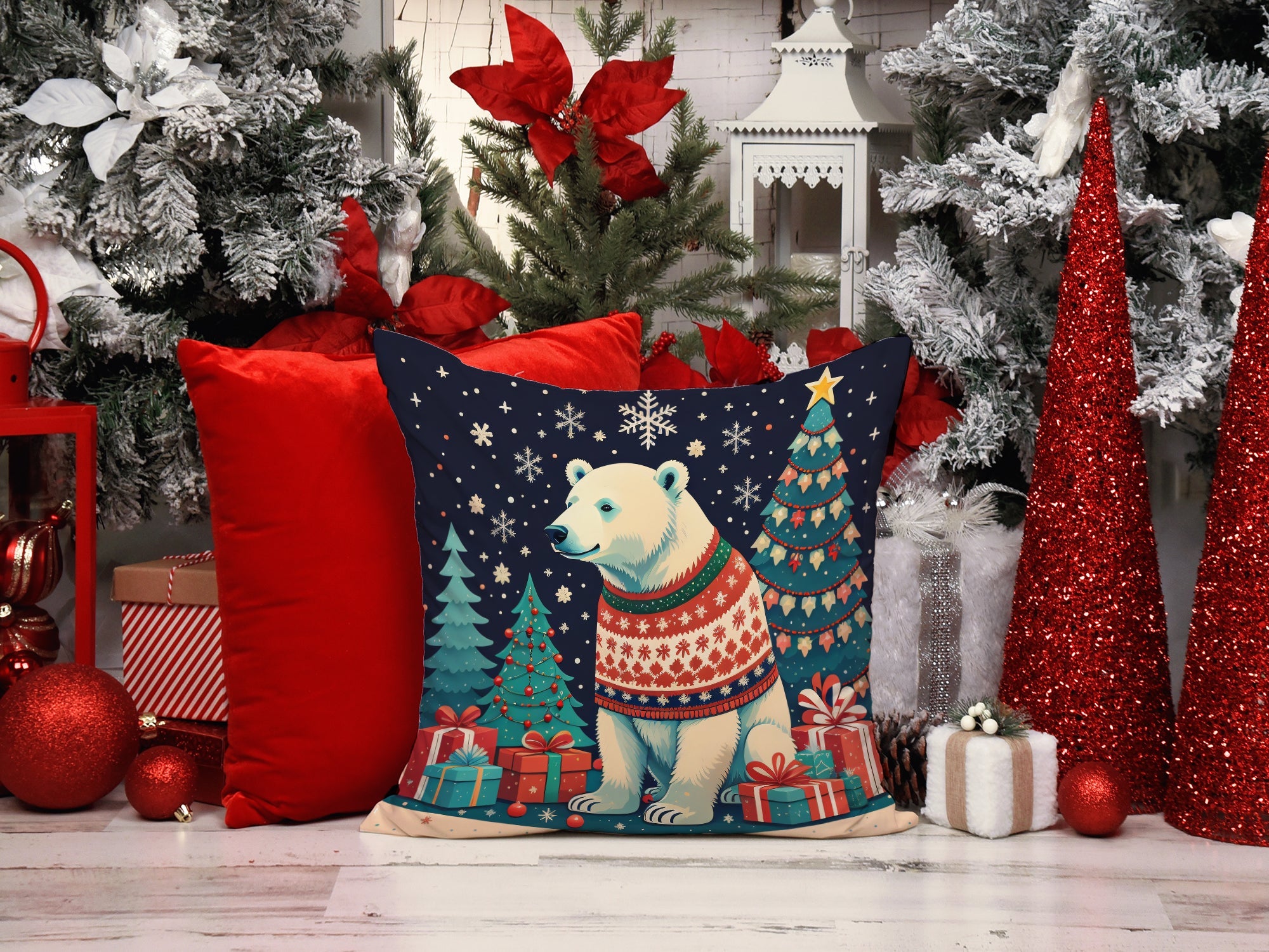 Polar Bear Christmas Decorative Throw Pillow 14x14 Indoor Outdoor Accent Cushion, Fabric Cover with Insert for Sofa, Bed, Porch & Living Room