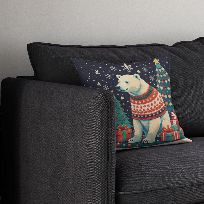 Polar Bear Christmas Decorative Throw Pillow 14x14 Indoor Outdoor Accent Cushion, Fabric Cover with Insert for Sofa, Bed, Porch & Living Room