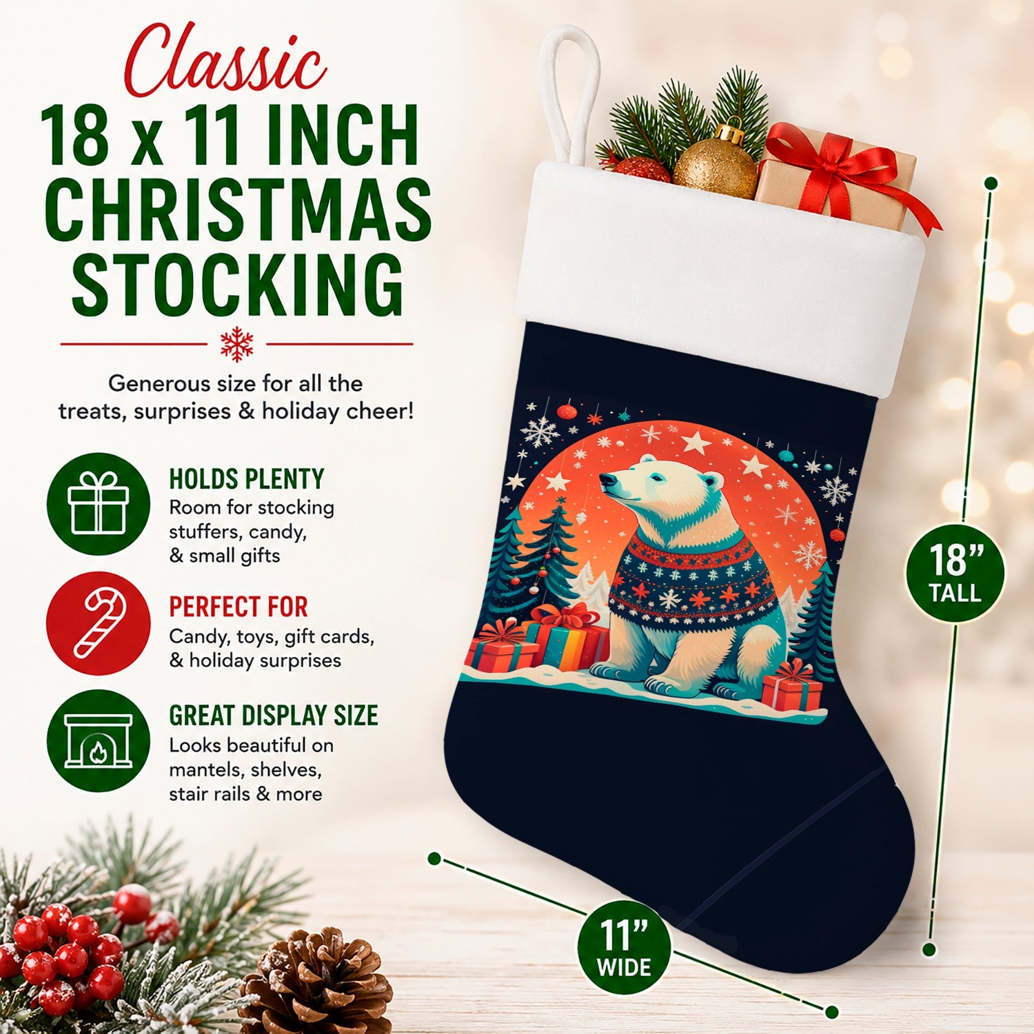 Polar Bear Christmas Holiday Stocking Double-Sided Print, Polyester Suede,11x18, Made in USA