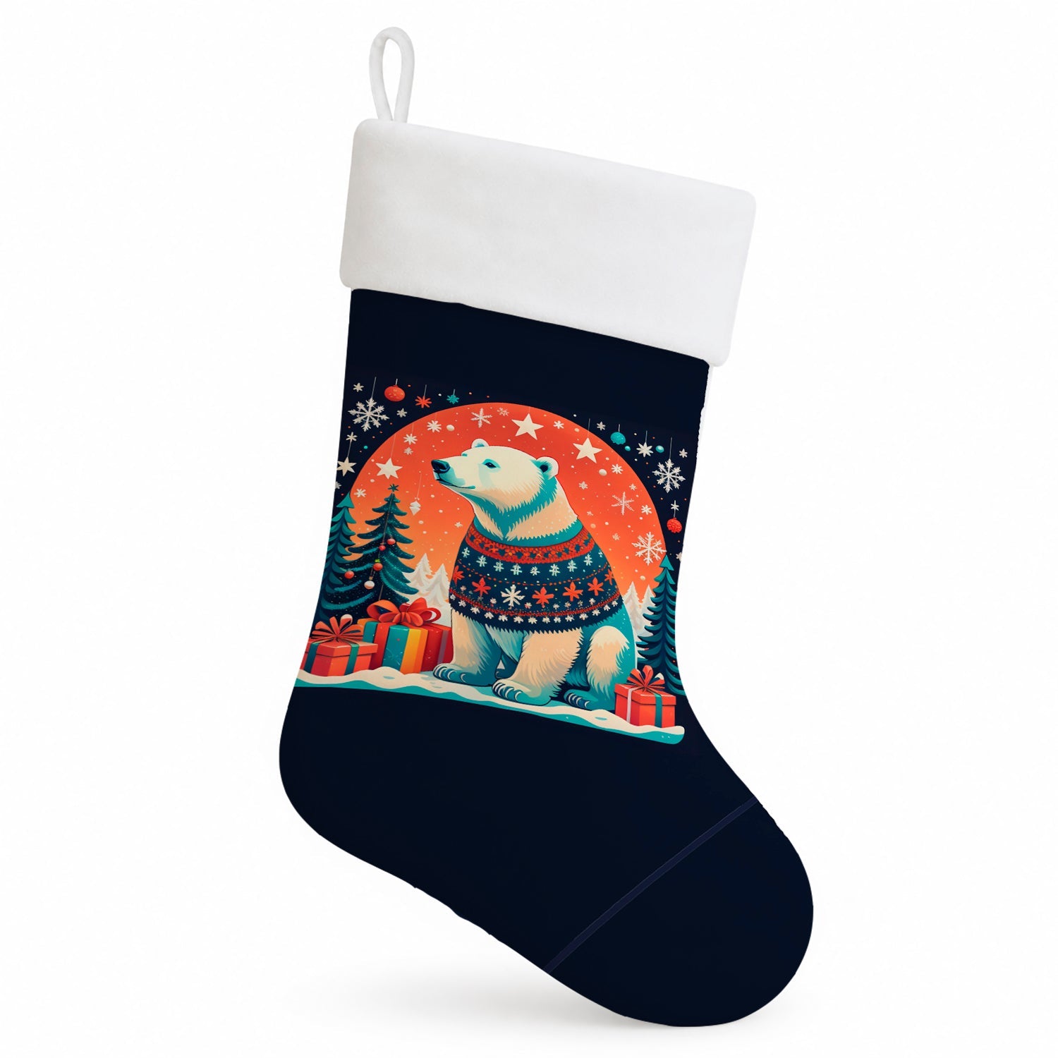 Polar Bear Christmas Holiday Stocking Double-Sided Print, Polyester Suede,11x18, Made in USA