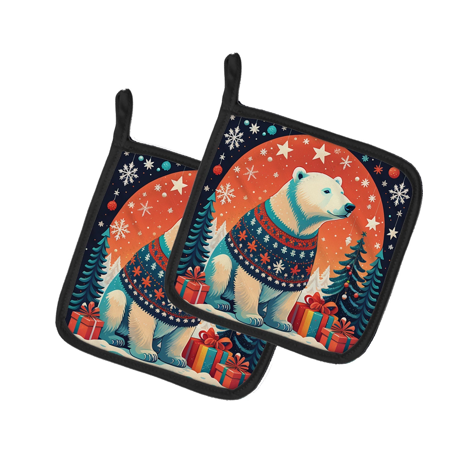 Polar Bear Christmas Pot Holder Set of 2 Heat Resistant Quilted Hot Pads 7.5 x 7.5 Inch, Insulated Kitchen Trivets for Cooking & Baking