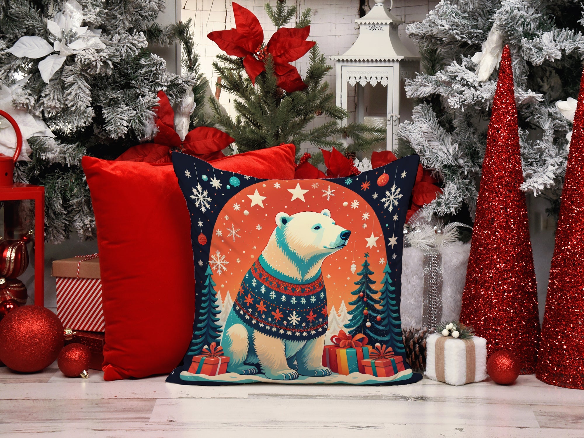 Polar Bear Christmas Decorative Throw Pillow 18x18 Indoor Outdoor Accent Cushion, Fabric Cover with Insert for Sofa, Bed, Porch & Living Room