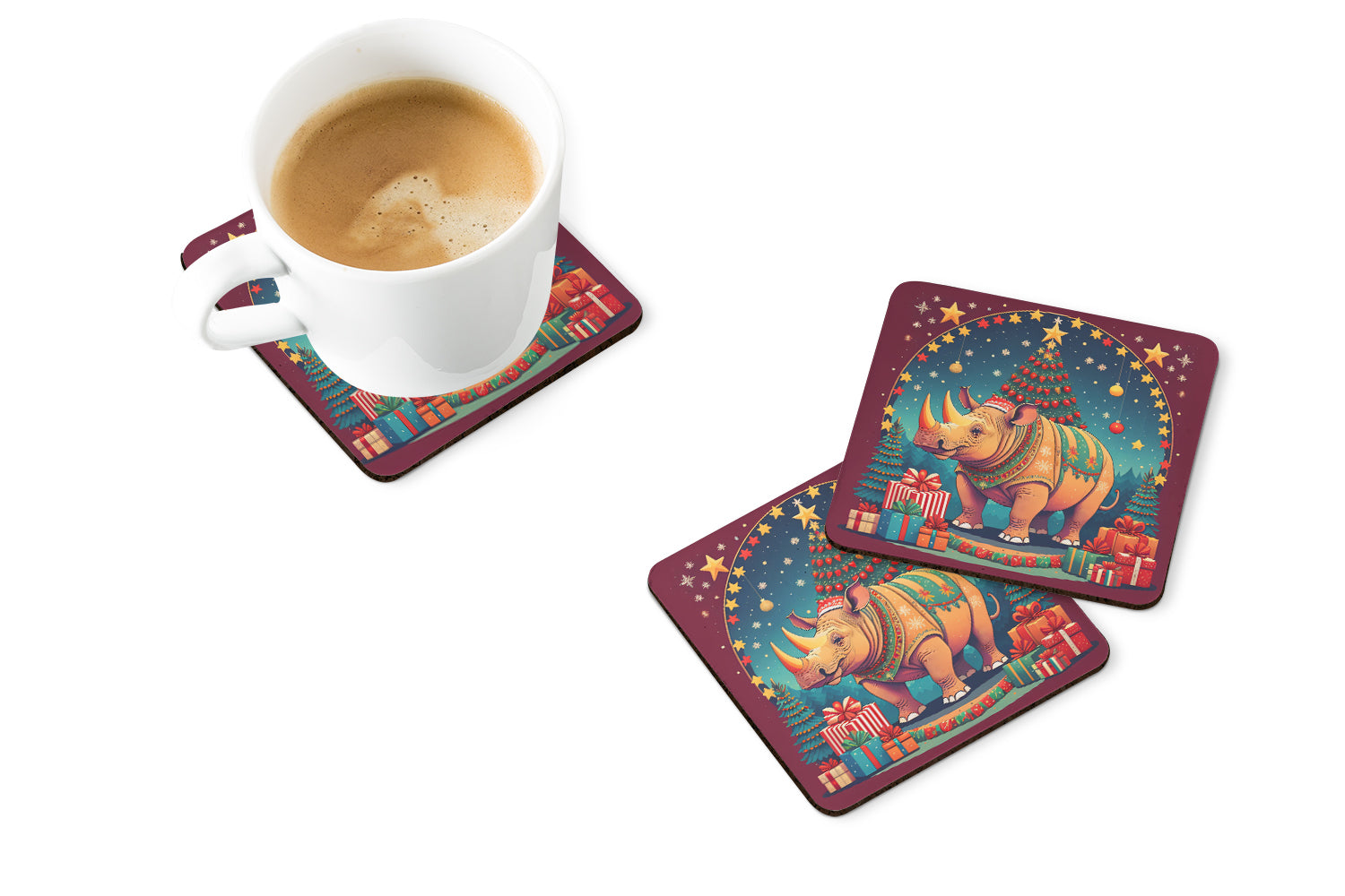 Rhinoceros Christmas Foam Coasters Set of 4 Cup Coasters for Indoor Outdoor, Tabletop Protection, Anti Slip, Mouse pad Material