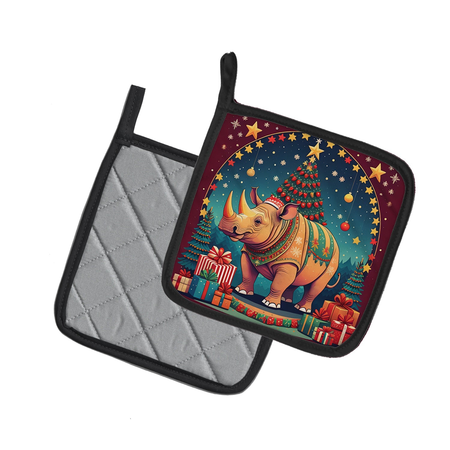 Rhinoceros Christmas Pot Holder Set of 2 Heat Resistant Quilted Hot Pads 7.5 x 7.5 Inch, Insulated Kitchen Trivets for Cooking & Baking