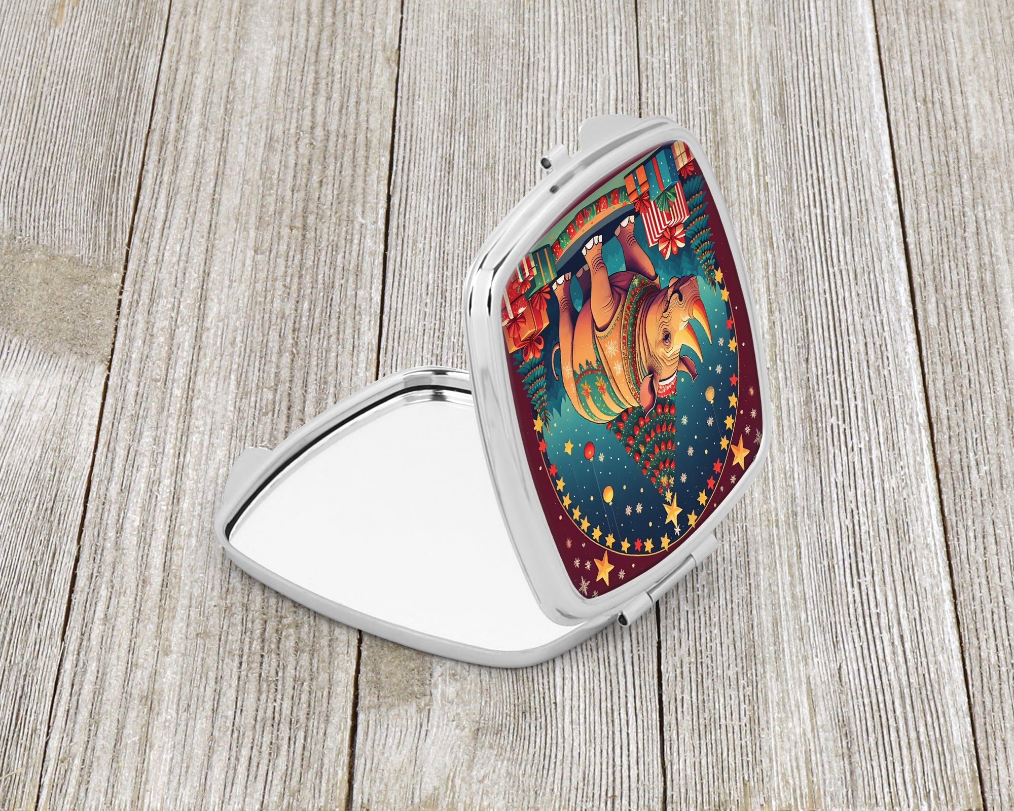 Rhinoceros Christmas Compact Mirror Decorative Travel Makeup Mirror for Women Girls Gifts Pocket Makeup Mirror Folding Handheld