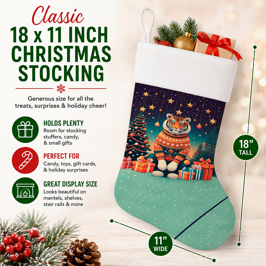 Tiger Christmas Holiday Stocking Double-Sided Print, Polyester Suede,11x18, Made in USA