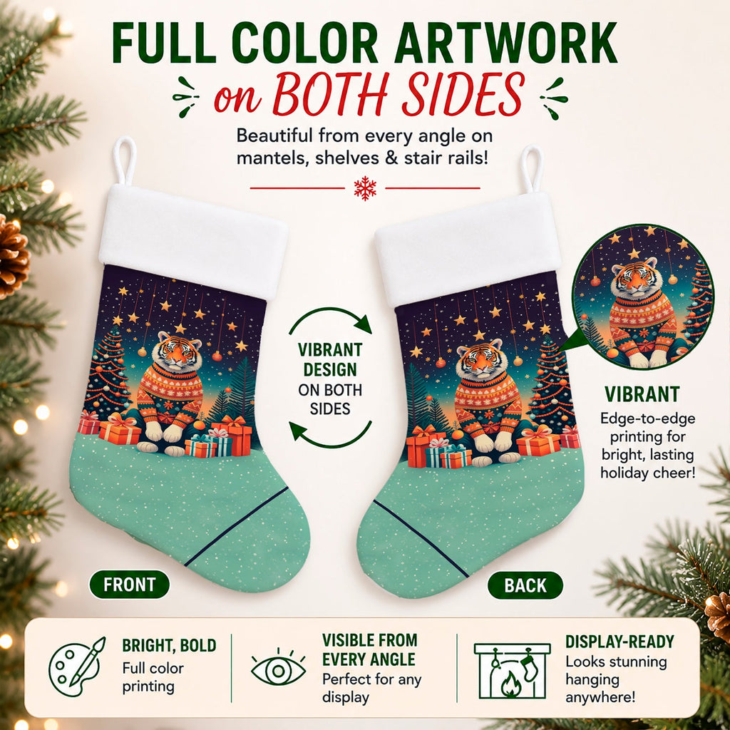 Tiger Christmas Holiday Stocking Double-Sided Print, Polyester Suede,11x18, Made in USA