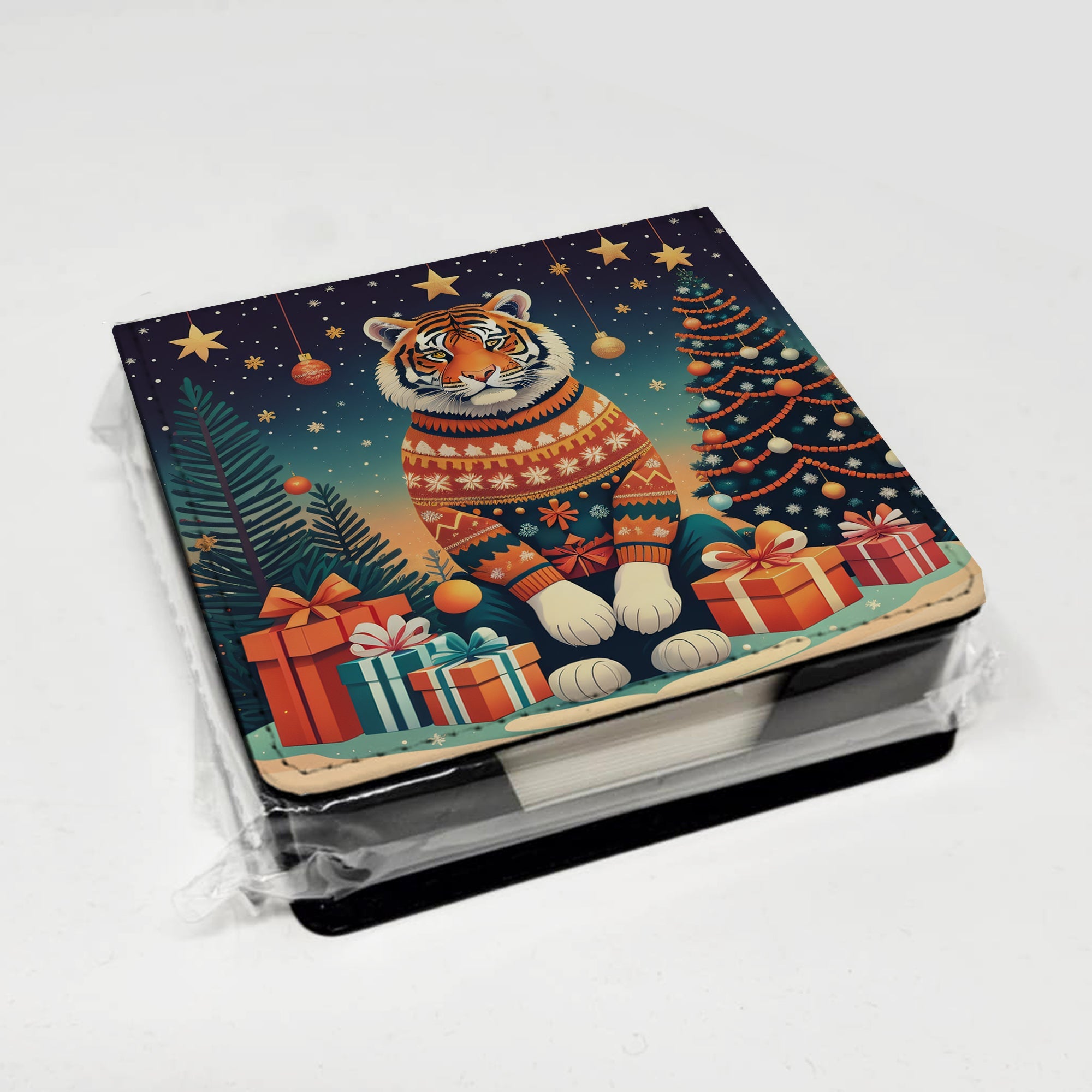 Tiger Christmas PU Leather Note Paper Holder with Artist-Designed Cover, Desk Accessory, Office Gift