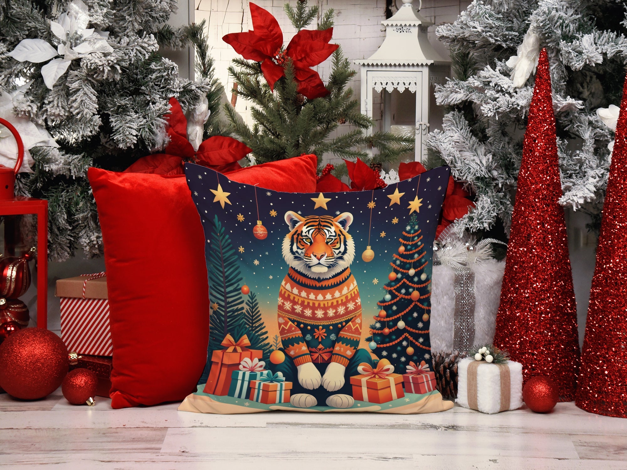 Tiger Christmas Decorative Throw Pillow 18x18 Indoor Outdoor Accent Cushion, Fabric Cover with Insert for Sofa, Bed, Porch & Living Room