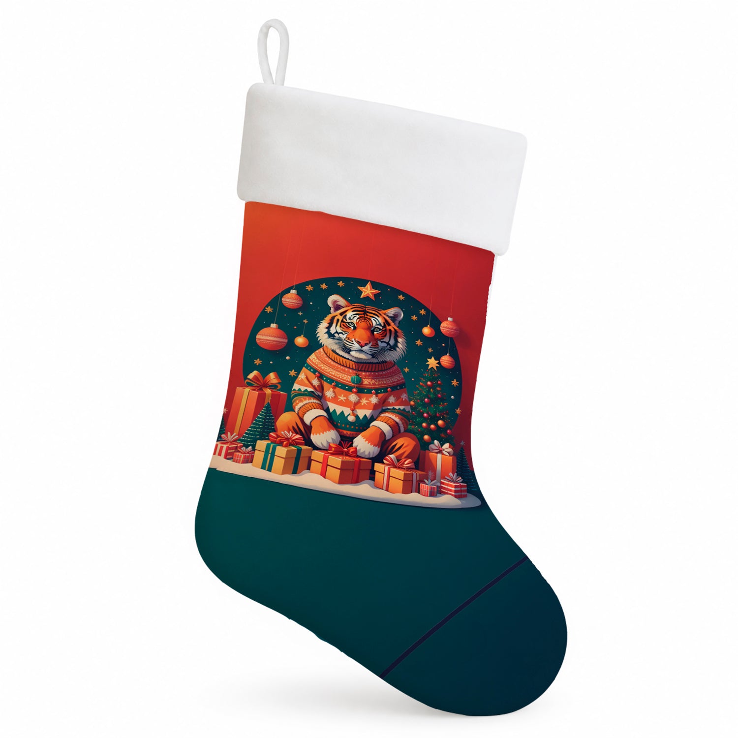 Tiger Christmas Holiday Stocking Double-Sided Print, Polyester Suede,11x18, Made in USA