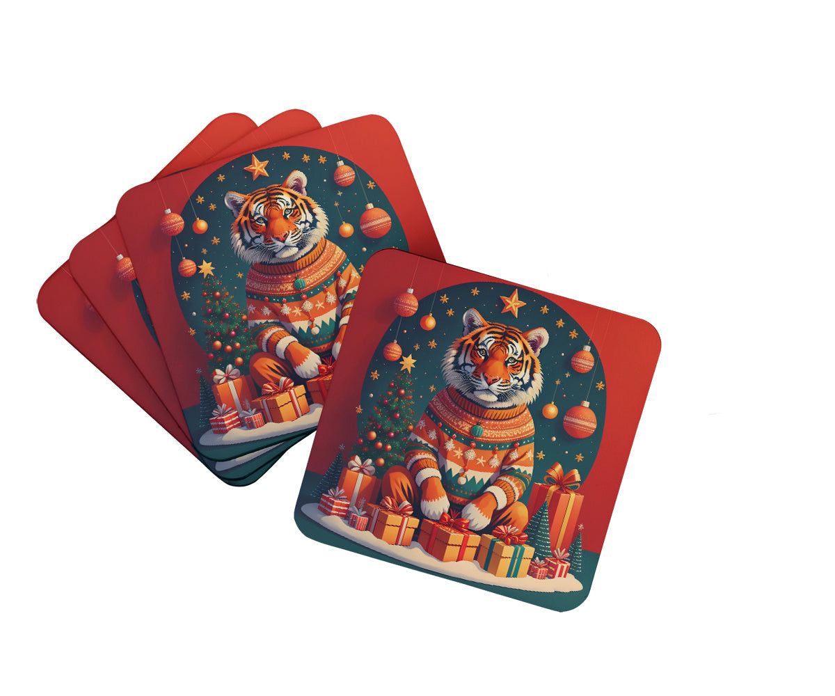 Tiger Christmas Foam Coasters Set of 4 Cup Coasters for Indoor Outdoor, Tabletop Protection, Anti Slip, Mouse pad Material