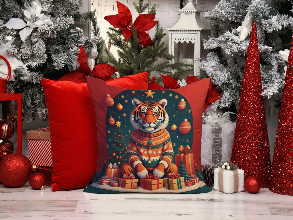 Tiger Christmas Decorative Throw Pillow 18x18 Indoor Outdoor Accent Cushion, Fabric Cover with Insert for Sofa, Bed, Porch & Living Room