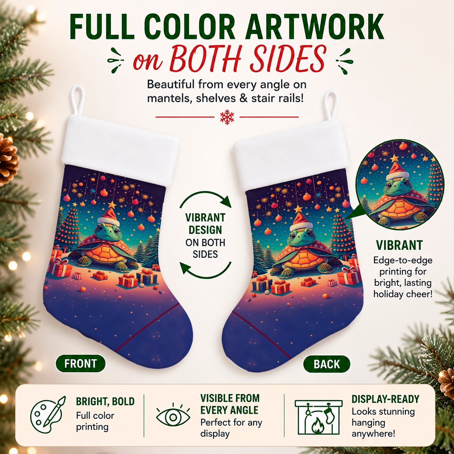Turtle Christmas Holiday Stocking Double-Sided Print, Polyester Suede,11x18, Made in USA