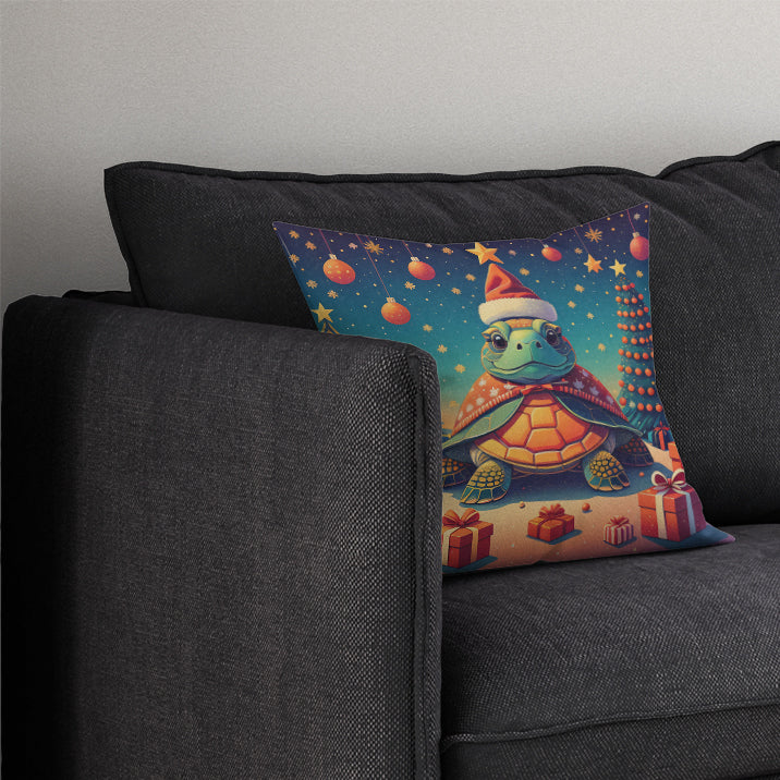 Turtle Christmas Decorative Throw Pillow 14x14 Indoor Outdoor Accent Cushion, Fabric Cover with Insert for Sofa, Bed, Porch & Living Room