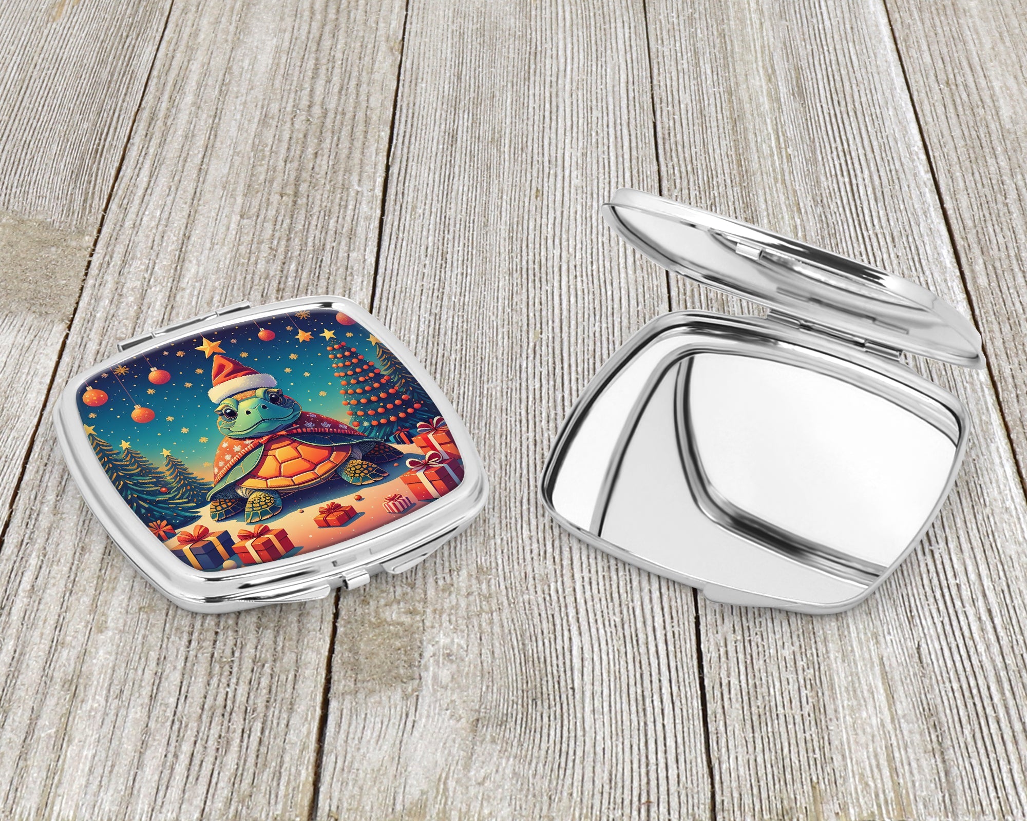 Turtle Christmas Compact Mirror Decorative Travel Makeup Mirror for Women Girls Gifts Pocket Makeup Mirror Folding Handheld