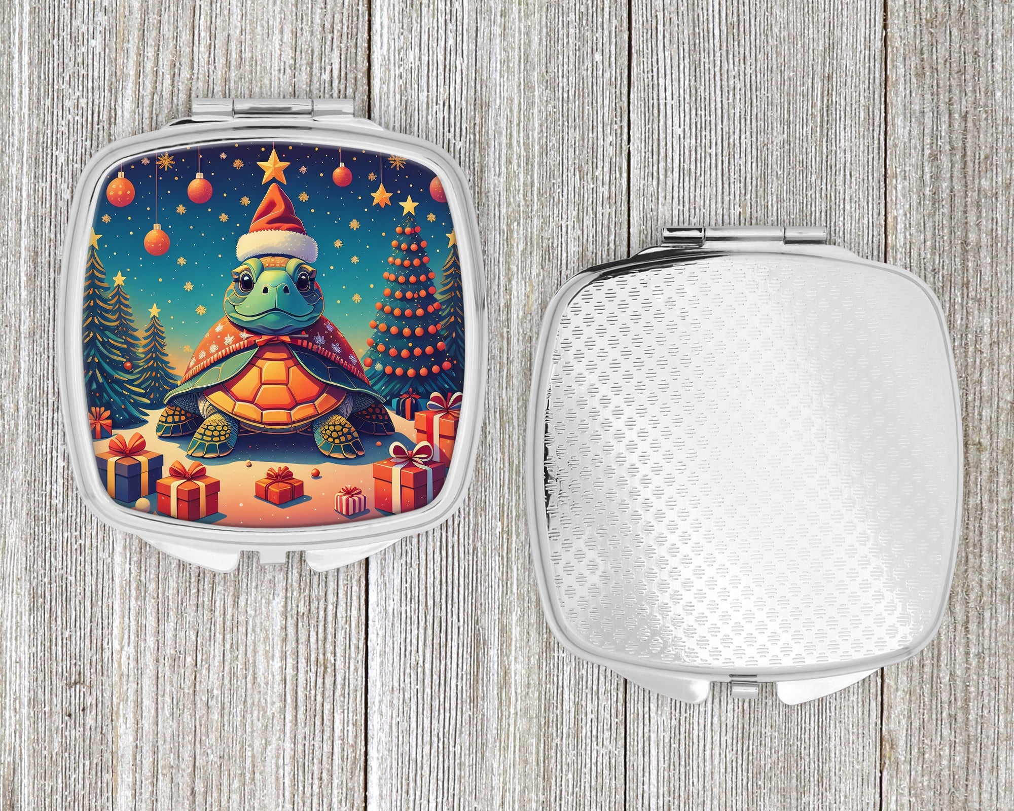 Turtle Christmas Compact Mirror Decorative Travel Makeup Mirror for Women Girls Gifts Pocket Makeup Mirror Folding Handheld