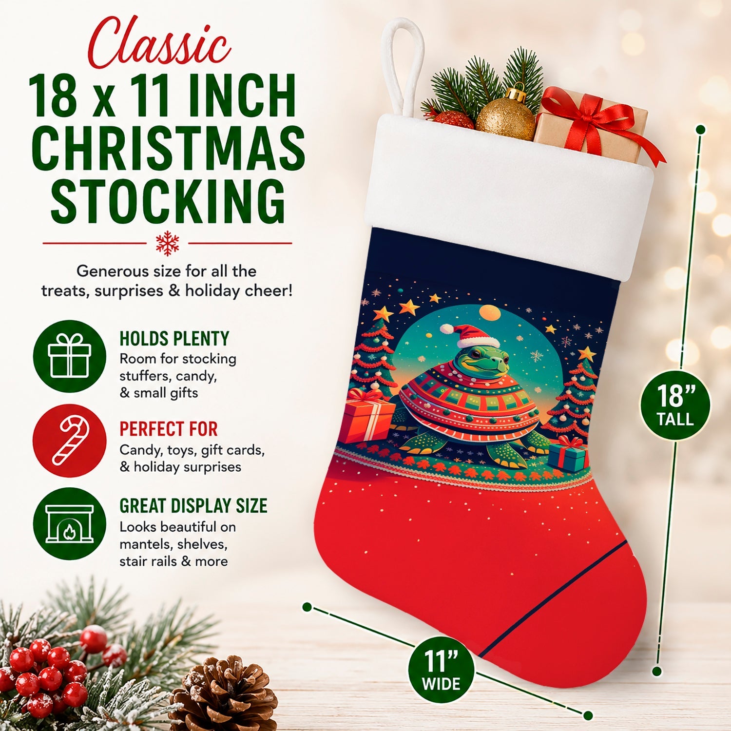 Turtle Christmas Holiday Stocking Double-Sided Print, Polyester Suede,11x18, Made in USA