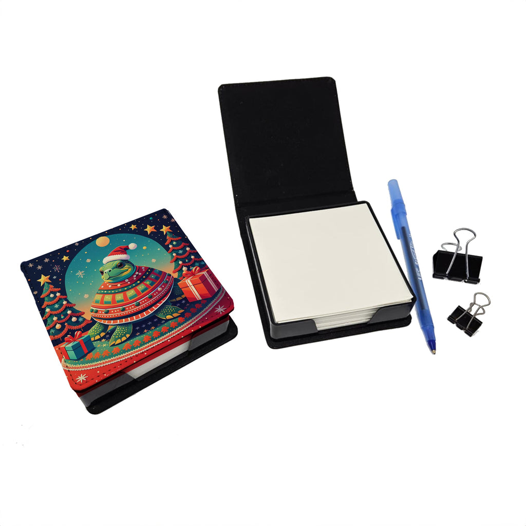 Turtle Christmas PU Leather Note Paper Holder with Artist-Designed Cover, Desk Accessory, Office Gift