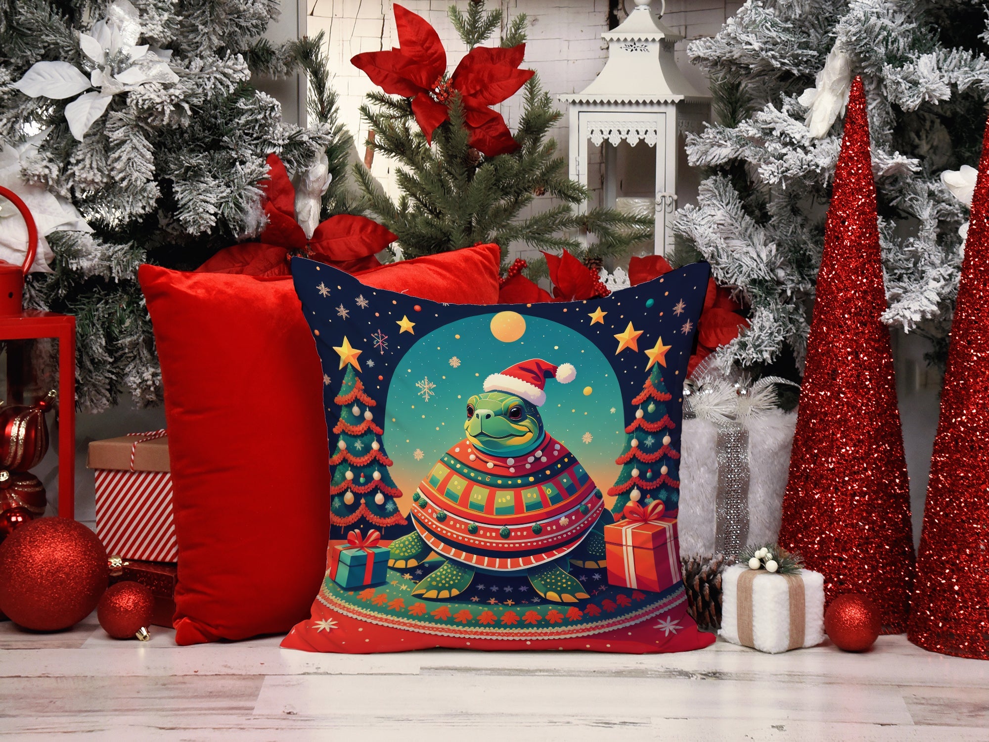 Turtle Christmas Decorative Throw Pillow 14x14 Indoor Outdoor Accent Cushion, Fabric Cover with Insert for Sofa, Bed, Porch & Living Room