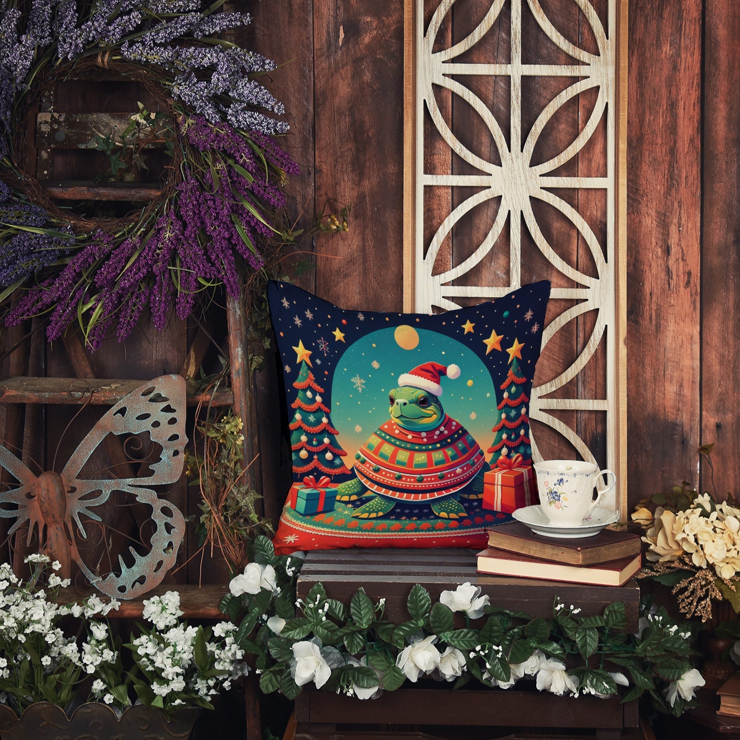Turtle Christmas Decorative Throw Pillow 18x18 Indoor Outdoor Accent Cushion, Fabric Cover with Insert for Sofa, Bed, Porch & Living Room