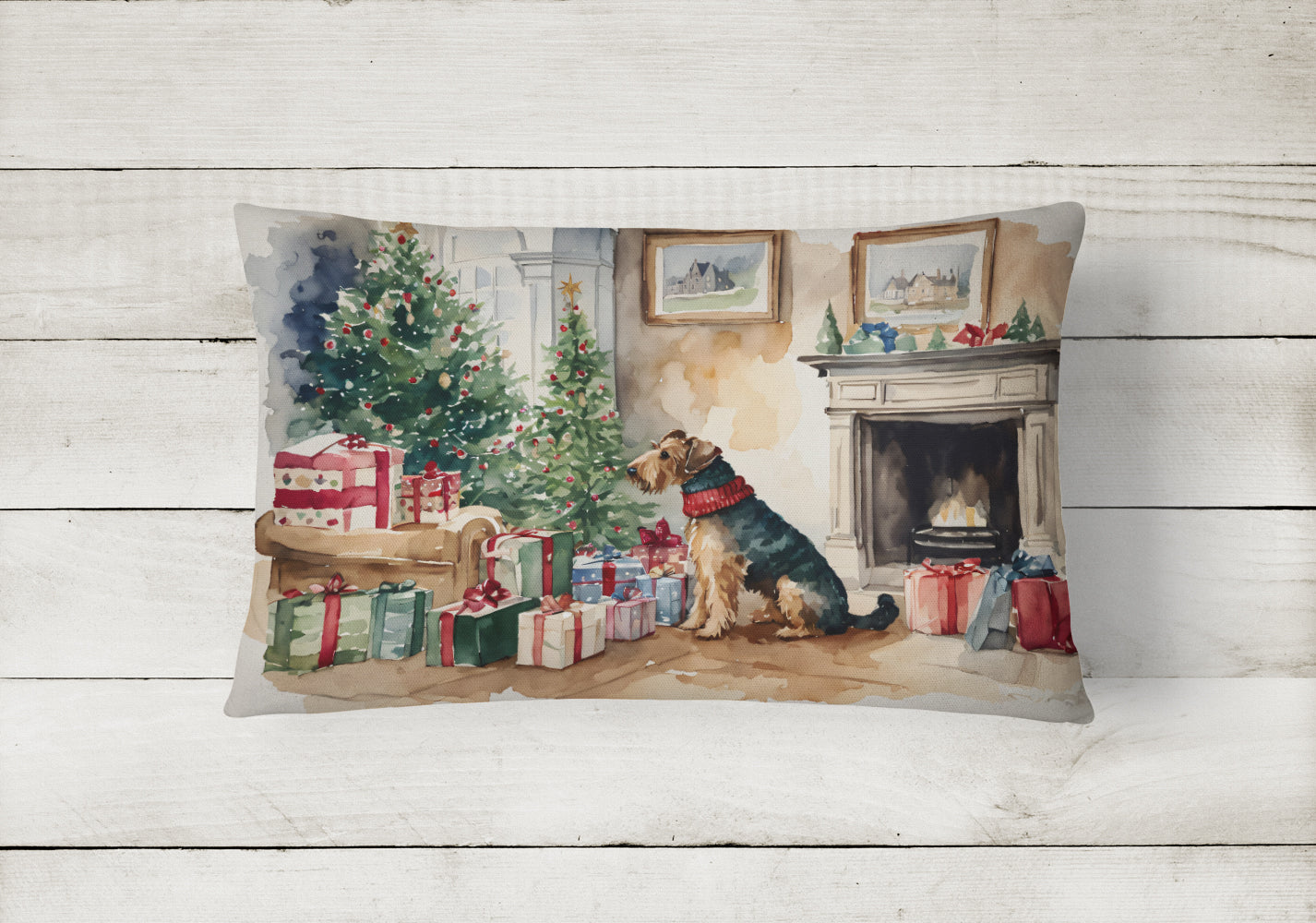 Airedale Terrier Christmas Decorative Throw Pillow 12x16 Indoor Outdoor Accent Cushion, Fabric Cover with Insert for Sofa, Bed, Porch & Living Room