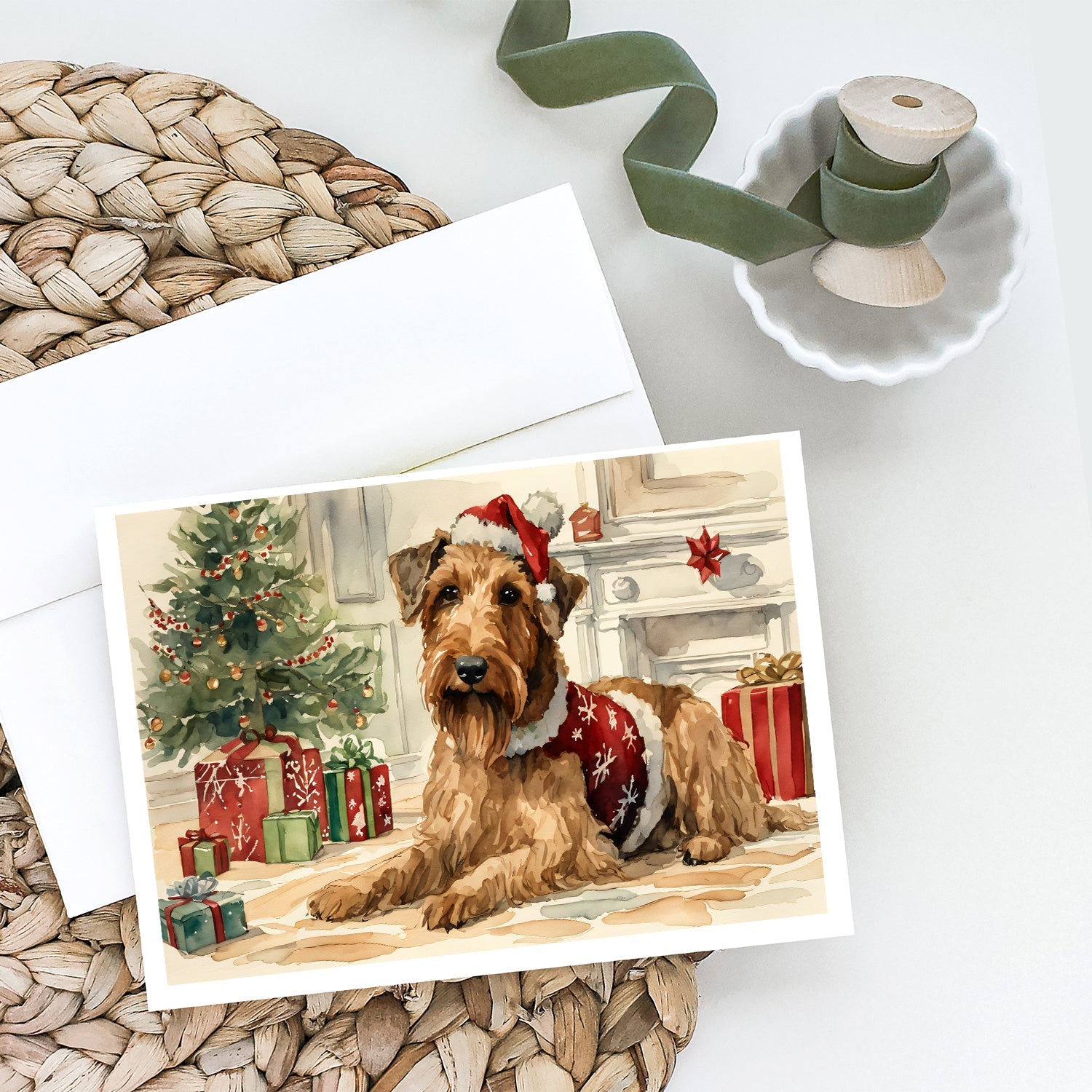 Airedale Terrier Christmas Greeting Cards Pack of 8 Blank Cards with Envelopes Whimsical A7 Size 5x7