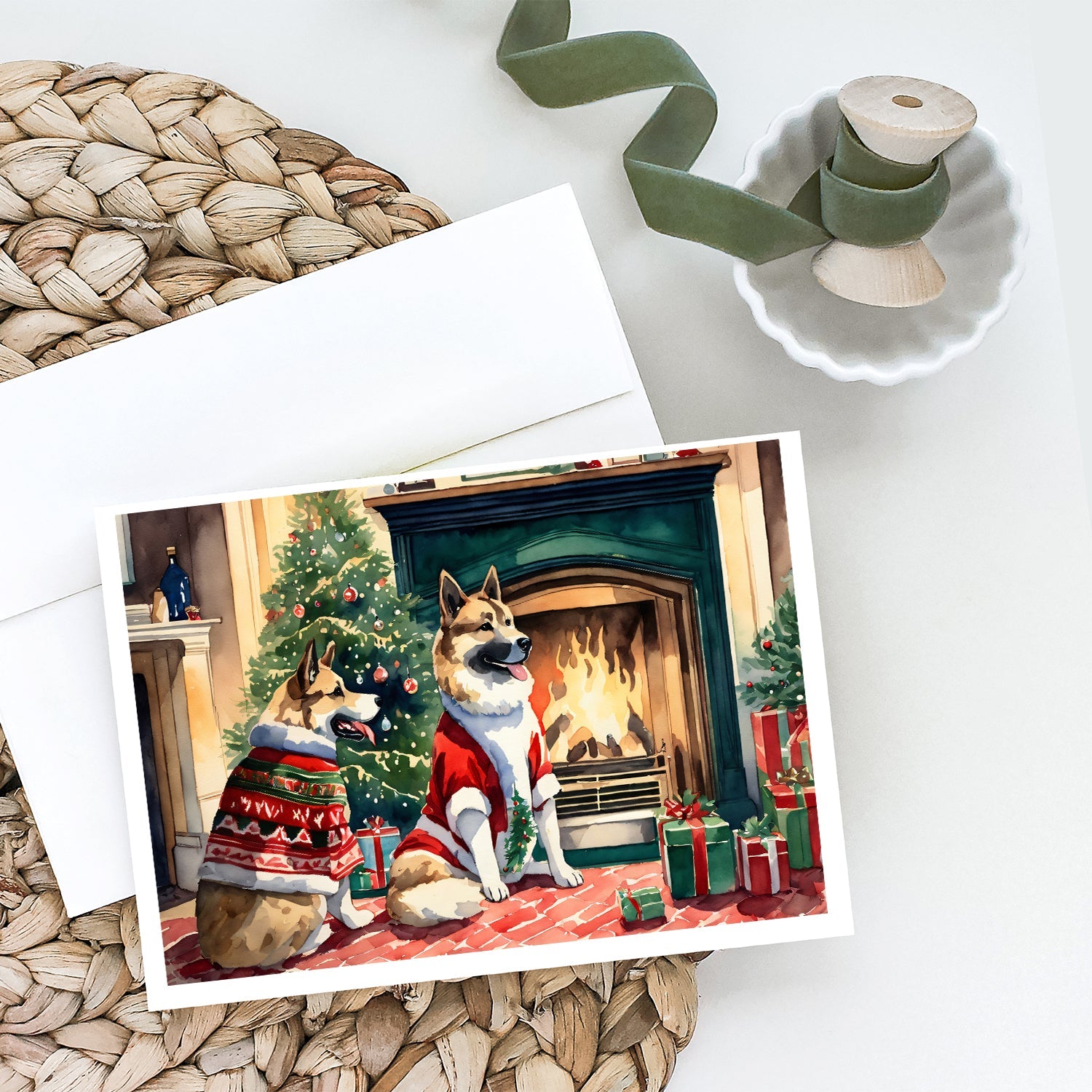 Akita Christmas Greeting Cards Pack of 8 Blank Cards with Envelopes Whimsical A7 Size 5x7