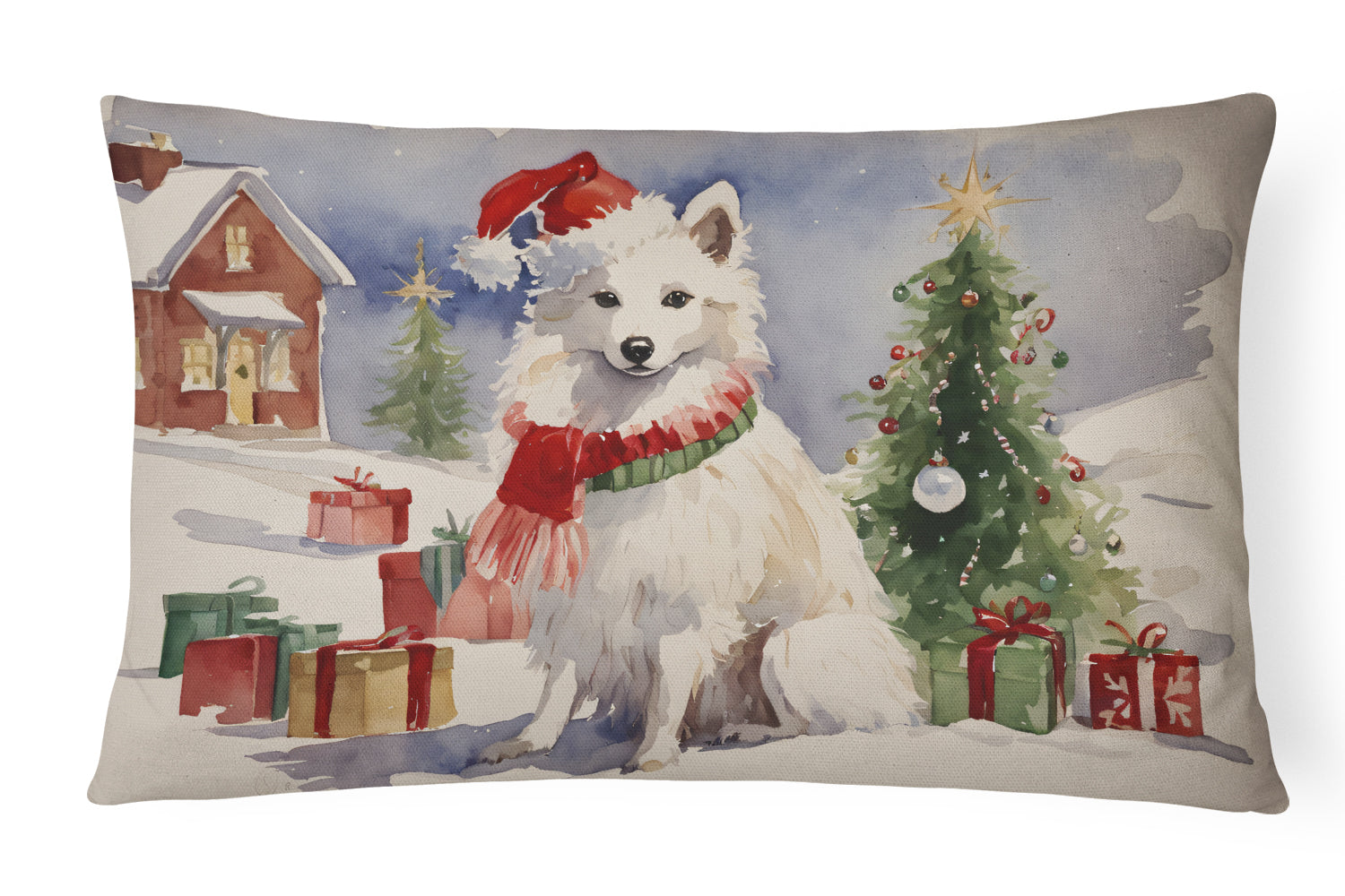 American Eskimo Christmas Decorative Throw Pillow 12x16 Indoor Outdoor Accent Cushion, Fabric Cover with Insert for Sofa, Bed, Porch & Living Room