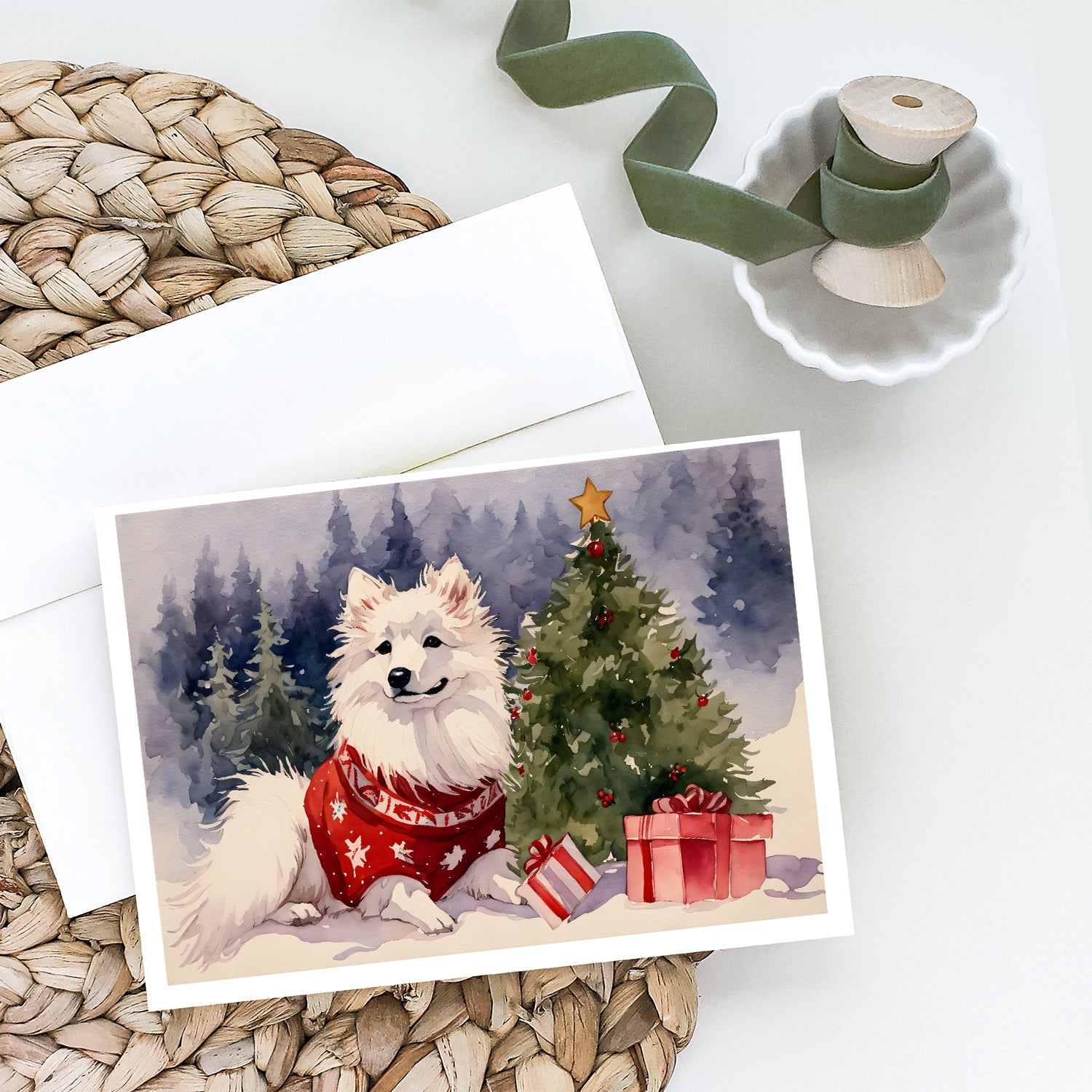 American Eskimo Christmas Greeting Cards Pack of 8 Blank Cards with Envelopes Whimsical A7 Size 5x7