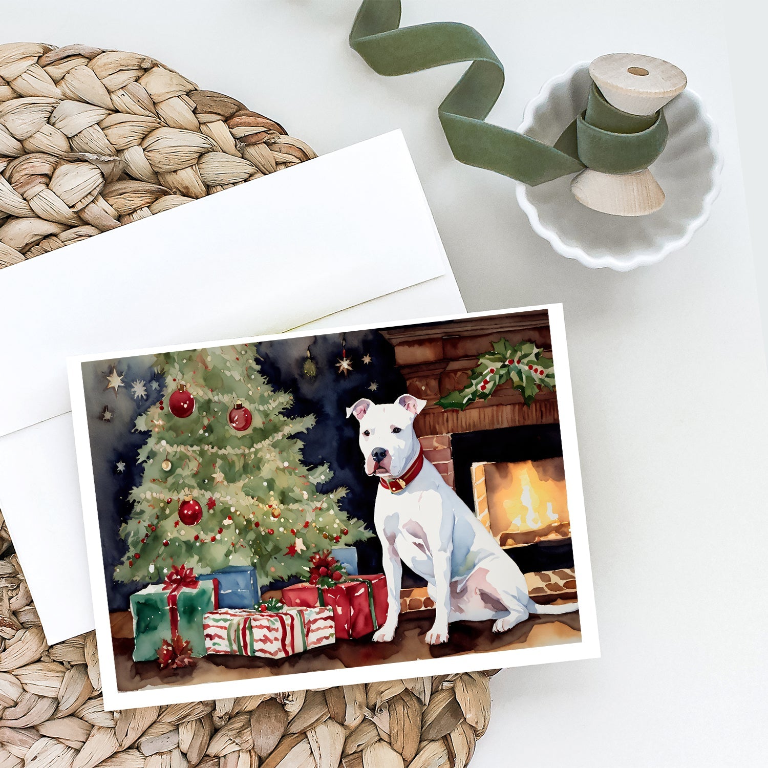 White Pit Bull Terrier Christmas Greeting Cards Pack of 8 Blank Cards with Envelopes Whimsical A7 Size 5x7