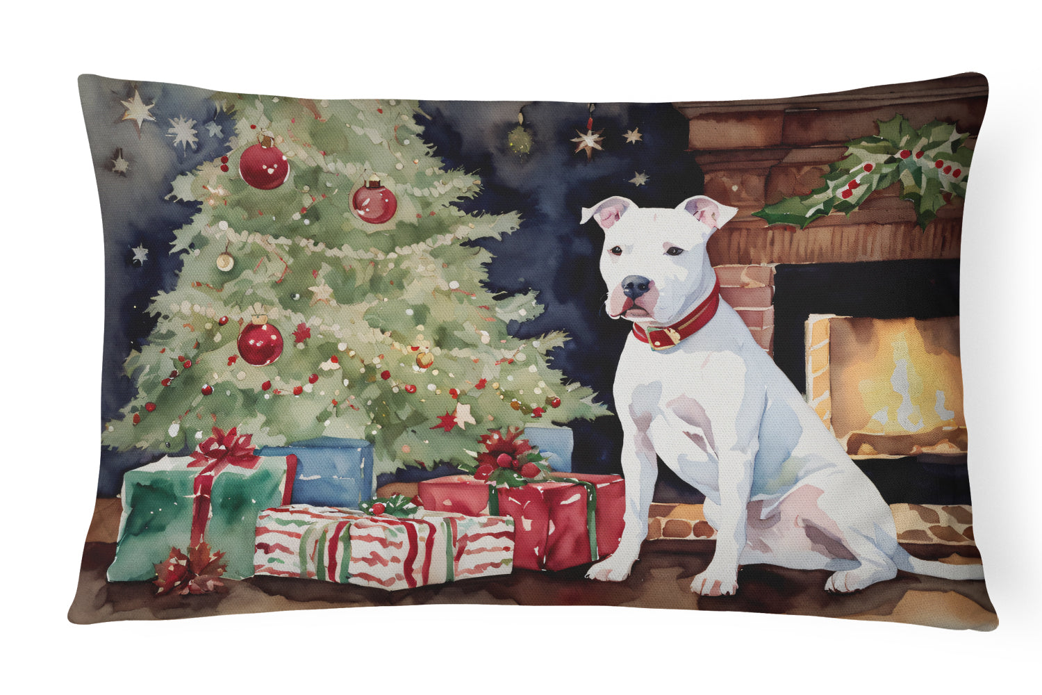 White Pit Bull Terrier Christmas Decorative Throw Pillow 12x16 Indoor Outdoor Accent Cushion, Fabric Cover with Insert for Sofa, Bed, Porch & Living Room