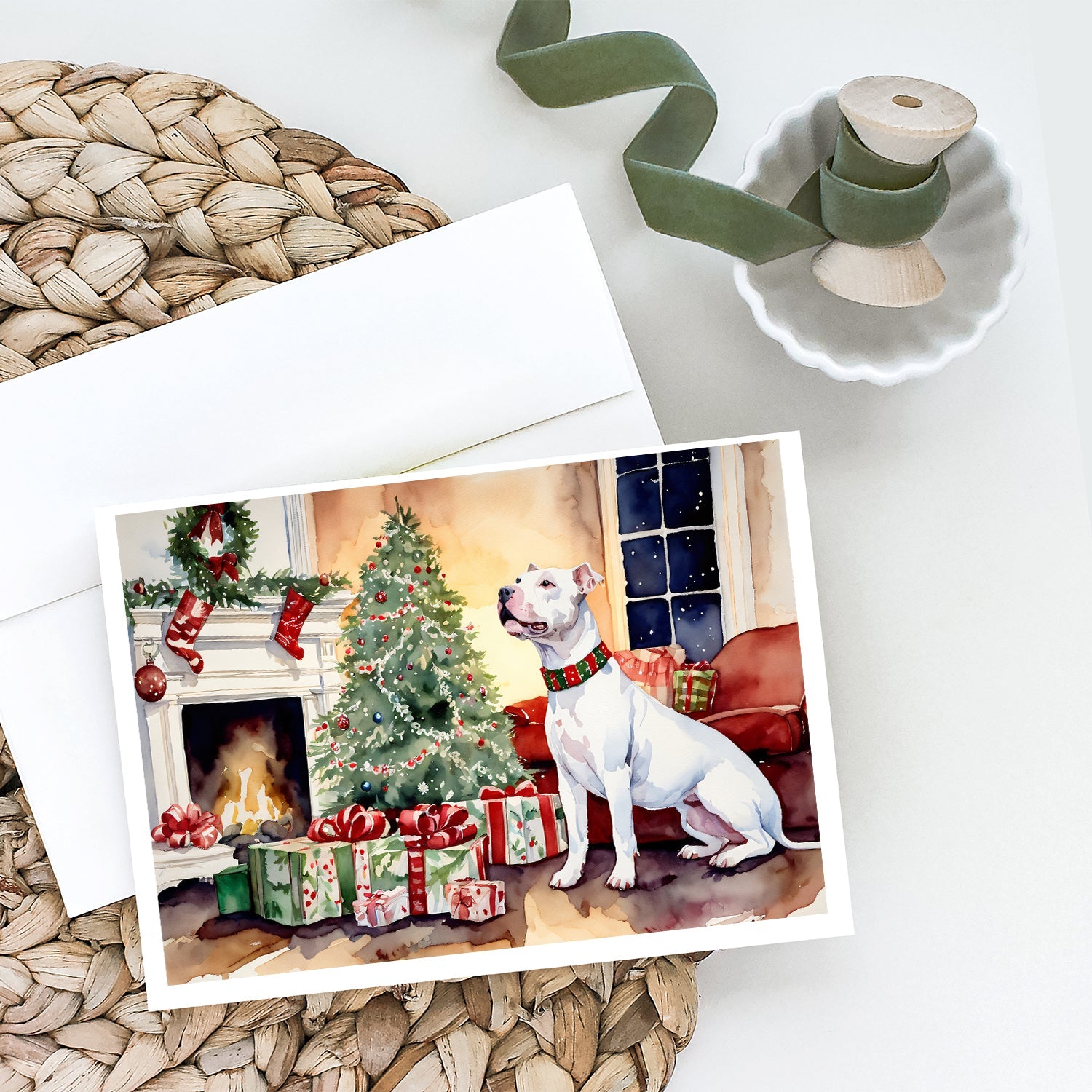 White Pit Bull Terrier Christmas Greeting Cards Pack of 8 Blank Cards with Envelopes Whimsical A7 Size 5x7