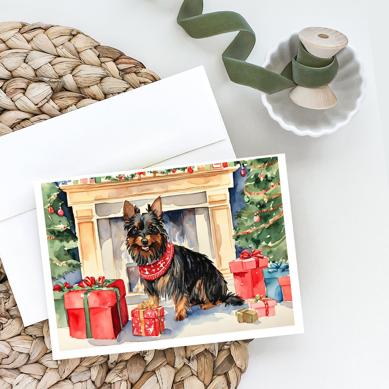 Australian Terrier Christmas Greeting Cards Pack of 8 Blank Cards with Envelopes Whimsical A7 Size 5x7