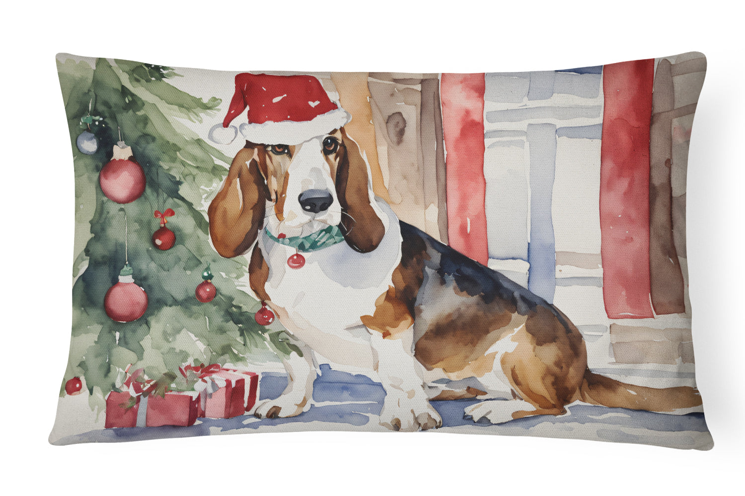 Basset Hound Christmas Decorative Throw Pillow 12x16 Indoor Outdoor Accent Cushion, Fabric Cover with Insert for Sofa, Bed, Porch & Living Room
