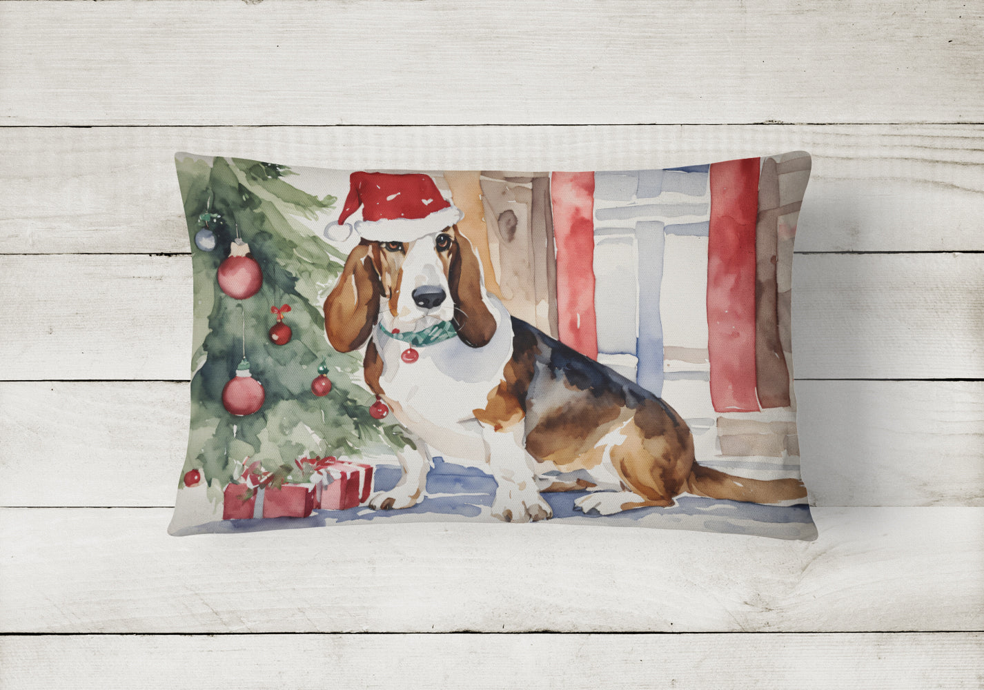 Basset Hound Christmas Decorative Throw Pillow 12x16 Indoor Outdoor Accent Cushion, Fabric Cover with Insert for Sofa, Bed, Porch & Living Room