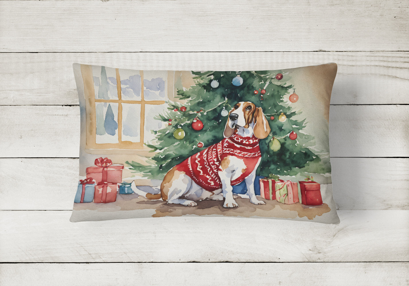 Basset Hound Christmas Decorative Throw Pillow 12x16 Indoor Outdoor Accent Cushion, Fabric Cover with Insert for Sofa, Bed, Porch & Living Room