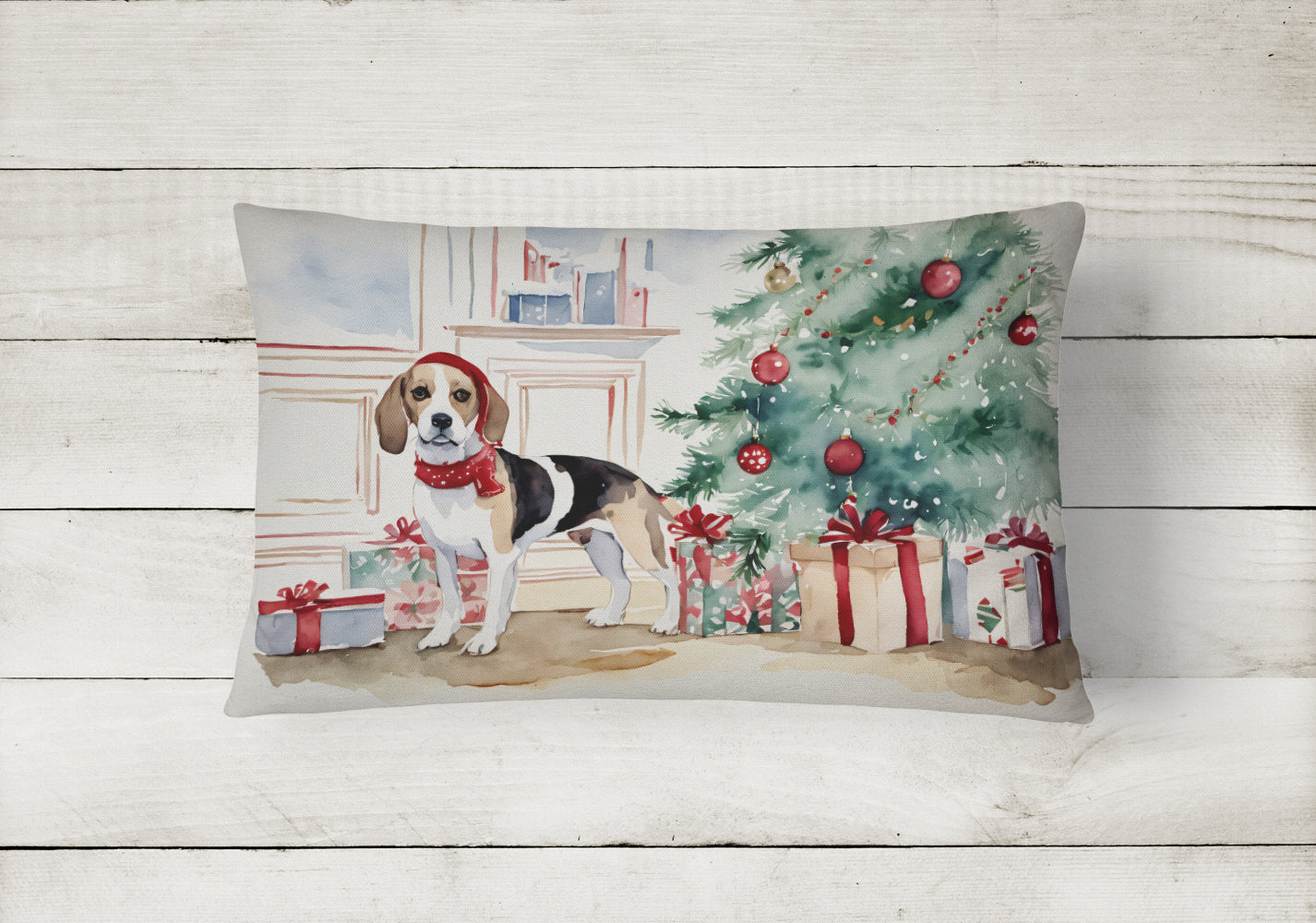 Beagle Christmas Decorative Throw Pillow 12x16 Indoor Outdoor Accent Cushion, Fabric Cover with Insert for Sofa, Bed, Porch & Living Room