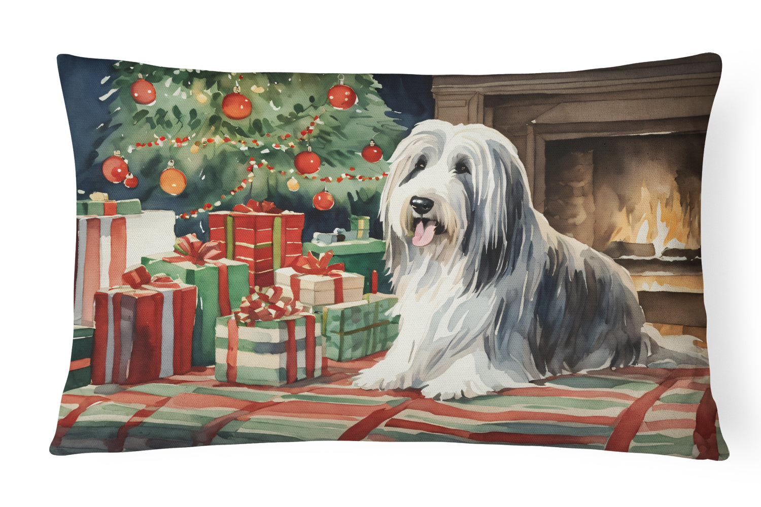 Bearded Collie Christmas Decorative Throw Pillow 12x16 Indoor Outdoor Accent Cushion, Fabric Cover with Insert for Sofa, Bed, Porch & Living Room