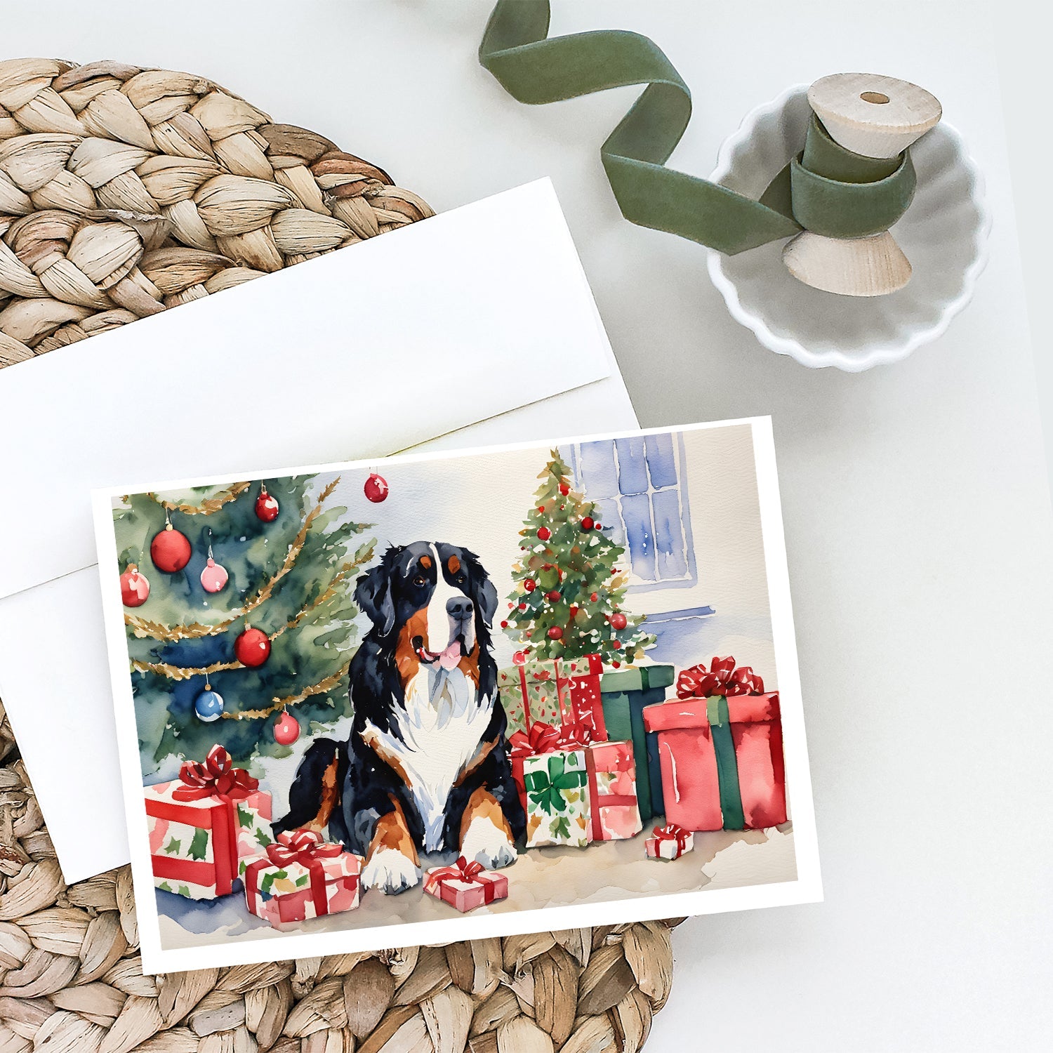 Bernese Mountain Dog Christmas Greeting Cards Pack of 8 Blank Cards with Envelopes Whimsical A7 Size 5x7