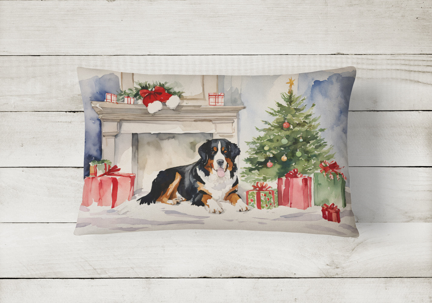Bernese Mountain Dog Christmas Decorative Throw Pillow 12x16 Indoor Outdoor Accent Cushion, Fabric Cover with Insert for Sofa, Bed, Porch & Living Room