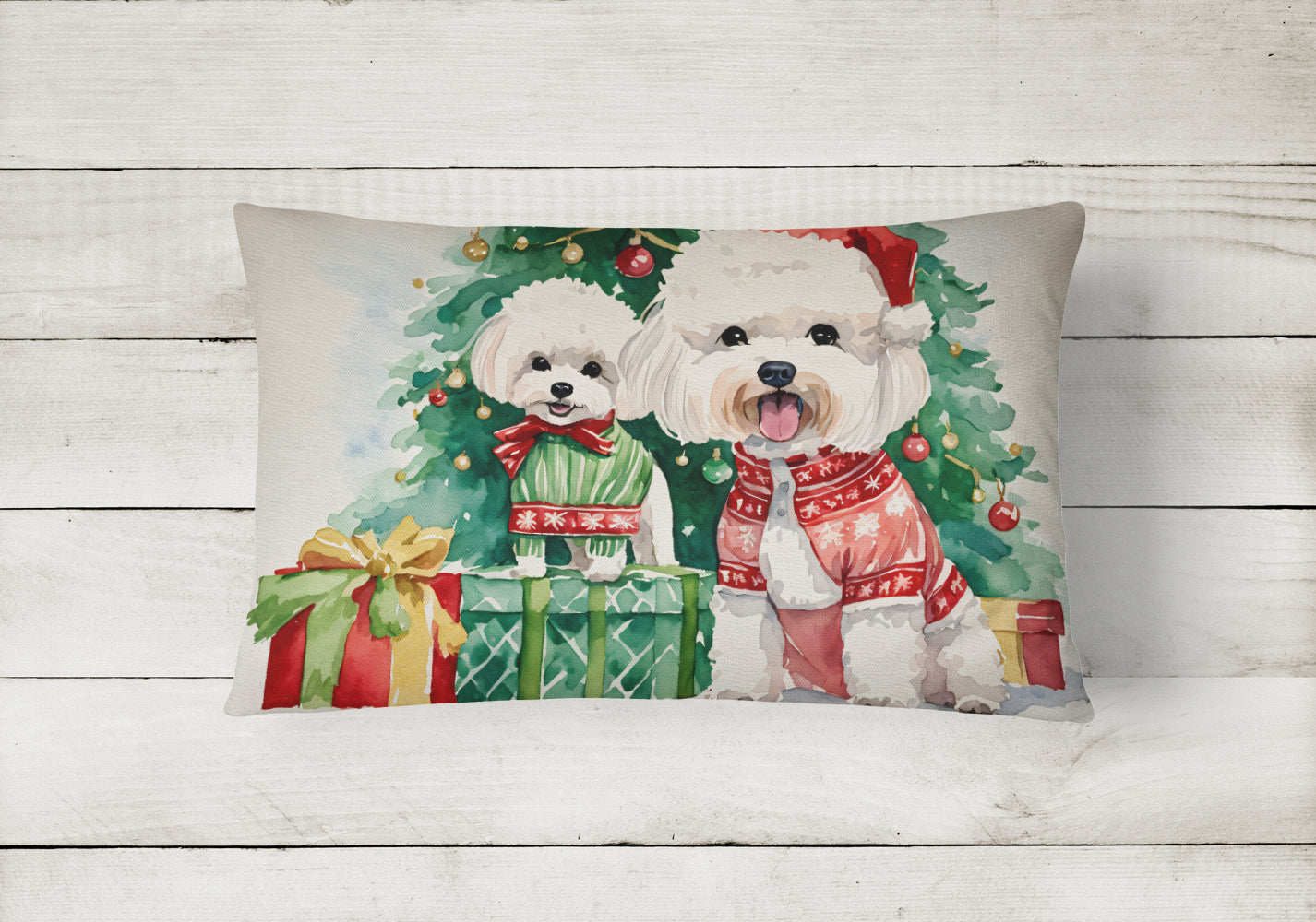 Bichon Frise Christmas Decorative Throw Pillow 12x16 Indoor Outdoor Accent Cushion, Fabric Cover with Insert for Sofa, Bed, Porch & Living Room
