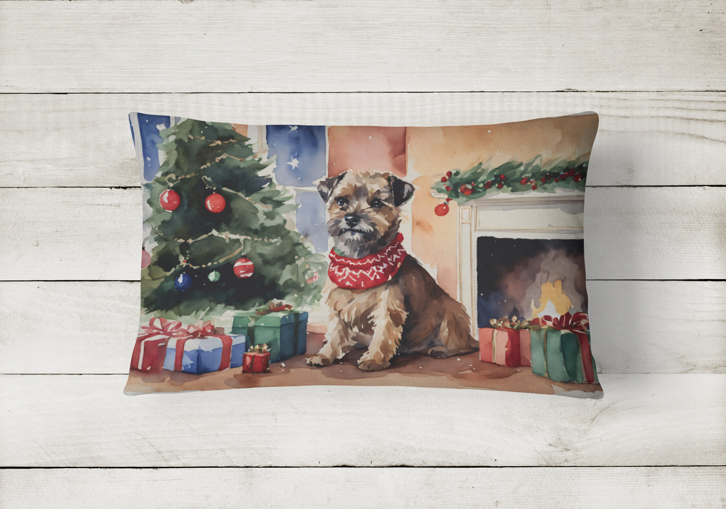 Border Terrier Christmas Decorative Throw Pillow 12x16 Indoor Outdoor Accent Cushion, Fabric Cover with Insert for Sofa, Bed, Porch & Living Room