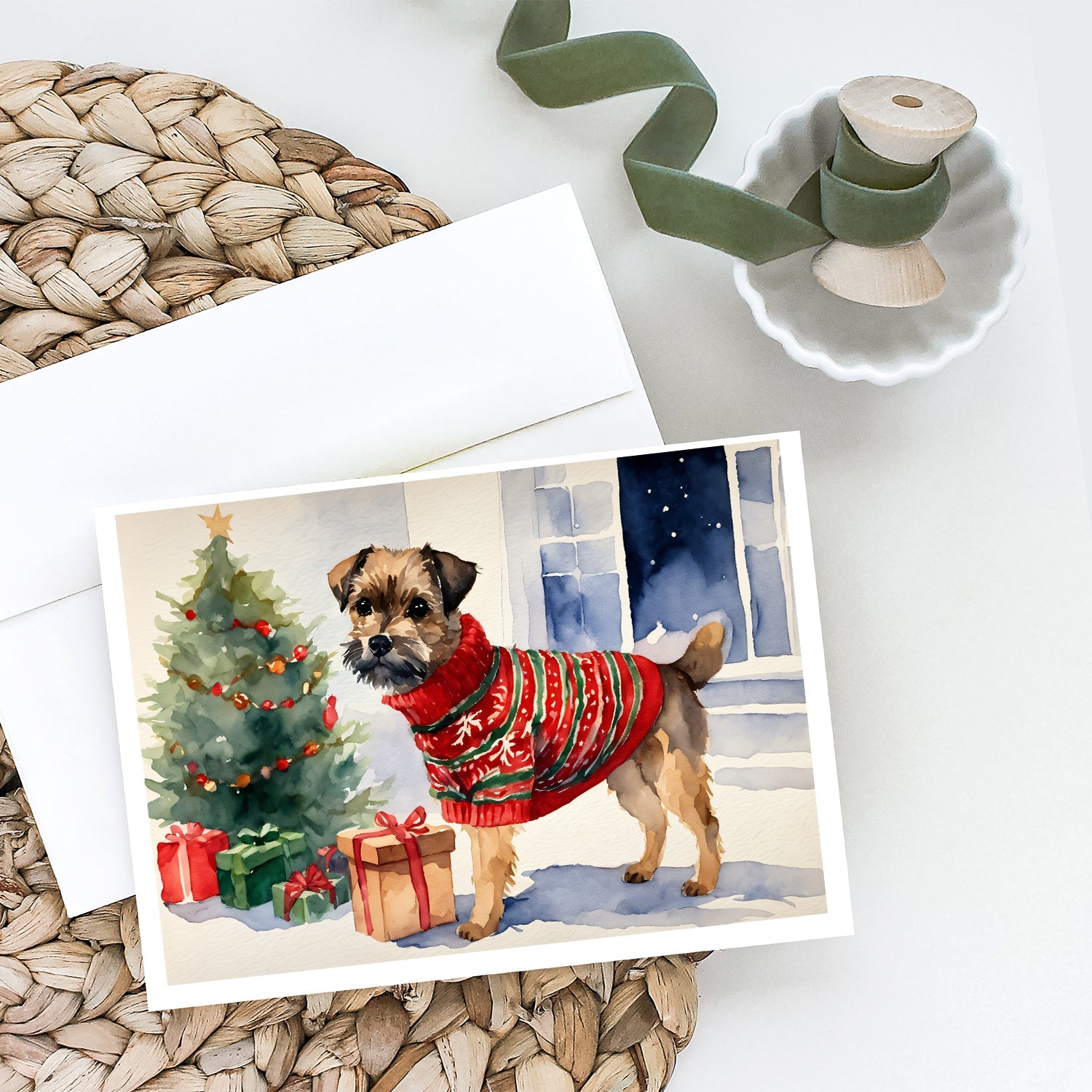 Border Terrier Christmas Greeting Cards Pack of 8 Blank Cards with Envelopes Whimsical A7 Size 5x7