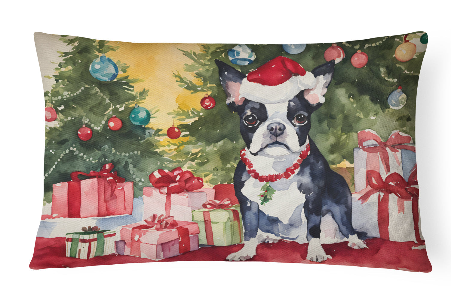Boston Terrier Christmas Decorative Throw Pillow 12x16 Indoor Outdoor Accent Cushion, Fabric Cover with Insert for Sofa, Bed, Porch & Living Room