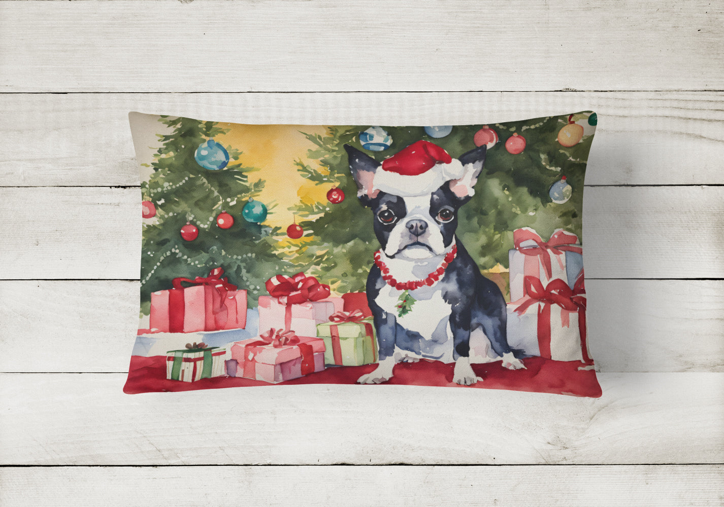 Boston Terrier Christmas Decorative Throw Pillow 12x16 Indoor Outdoor Accent Cushion, Fabric Cover with Insert for Sofa, Bed, Porch & Living Room
