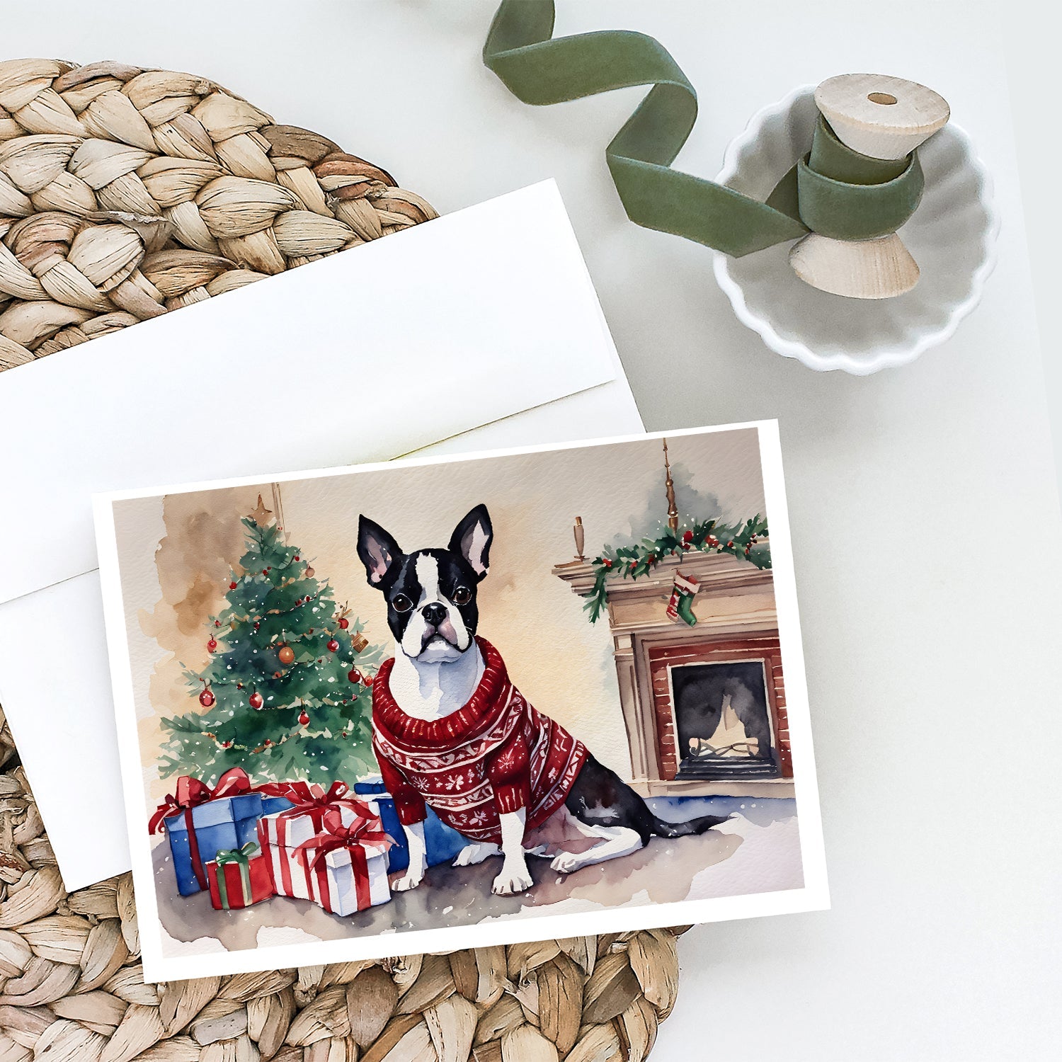 Boston Terrier Christmas Greeting Cards Pack of 8 Blank Cards with Envelopes Whimsical A7 Size 5x7