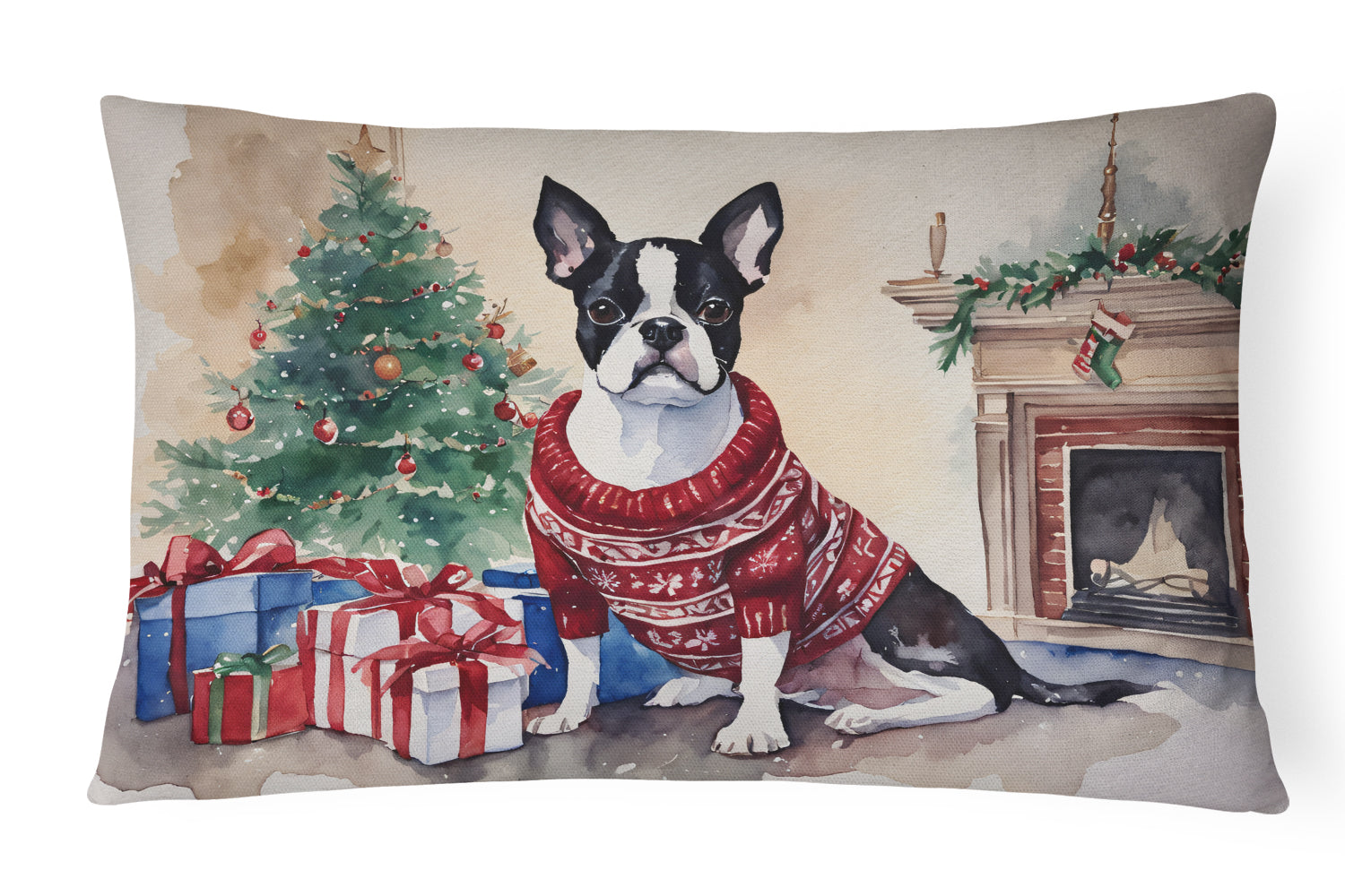 Boston Terrier Christmas Decorative Throw Pillow 12x16 Indoor Outdoor Accent Cushion, Fabric Cover with Insert for Sofa, Bed, Porch & Living Room