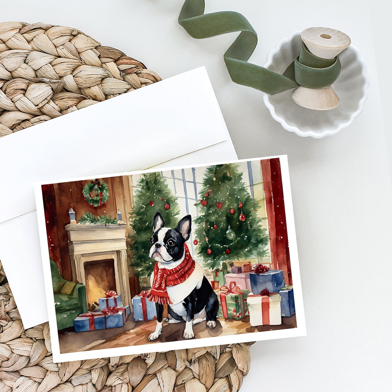 Boston Terrier Christmas Greeting Cards Pack of 8 Blank Cards with Envelopes Whimsical A7 Size 5x7